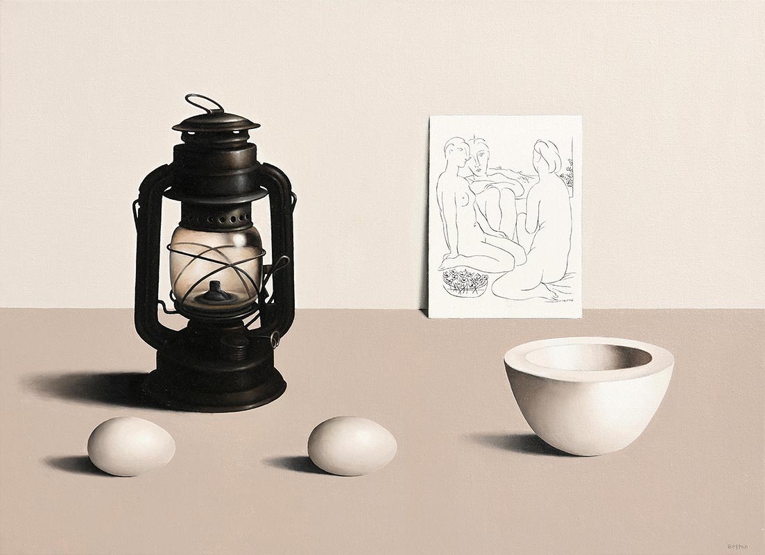 Liam Belton RHA (b.1947) Oil Lamp with Eggs (2015)