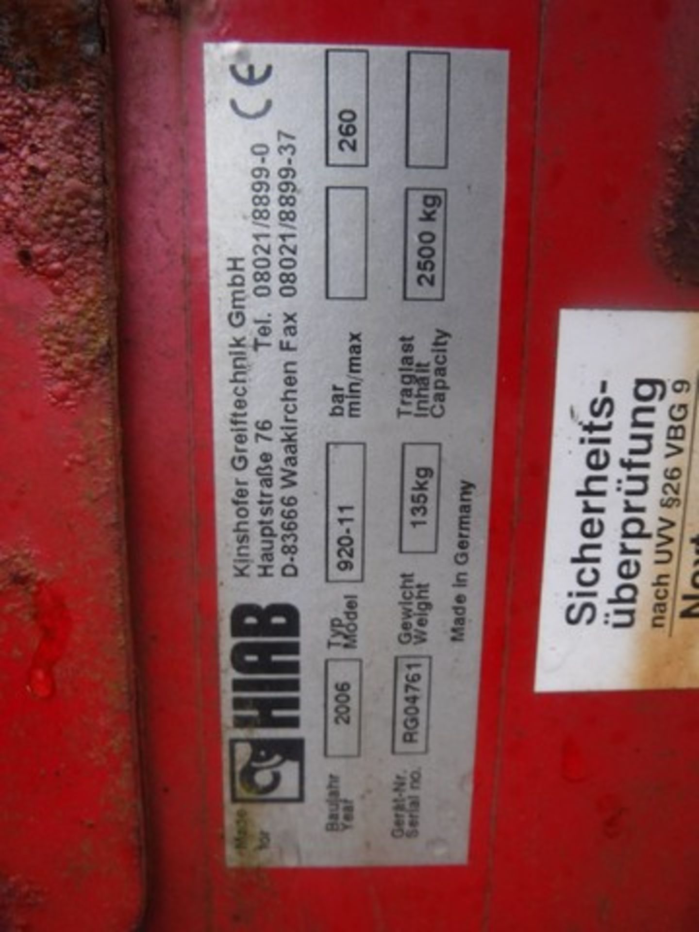 KINSHOFER HIAB ARM 2006 2500KG LIFT CAPACITY MODEL 920-11 SN - RG04761 - Image 3 of 3