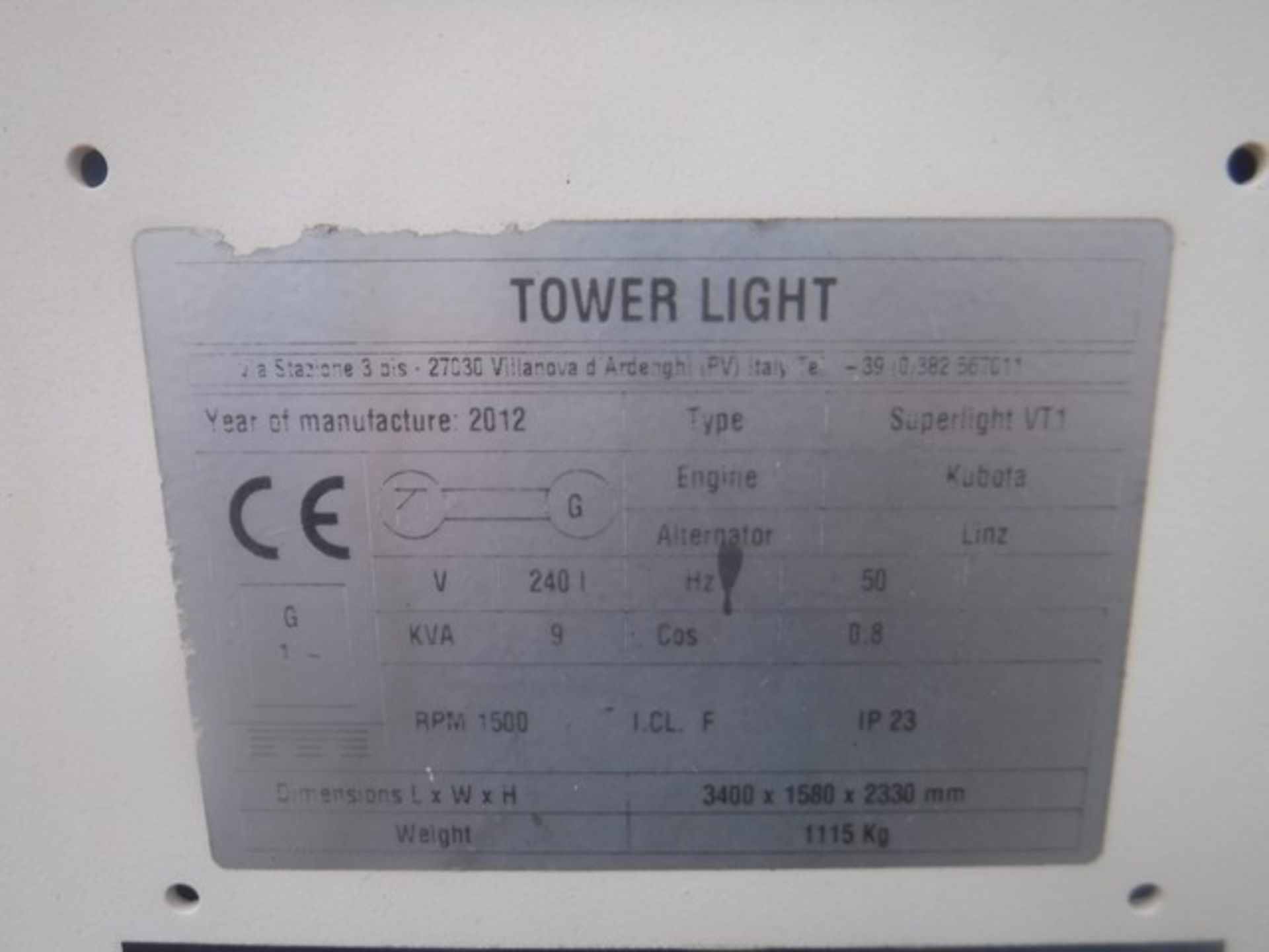 LIGHTING TOWER 2012 - 767HRS (NOT VERIFIED) MODEL - VT1230V-1087 SN - 1204492 - Image 10 of 14