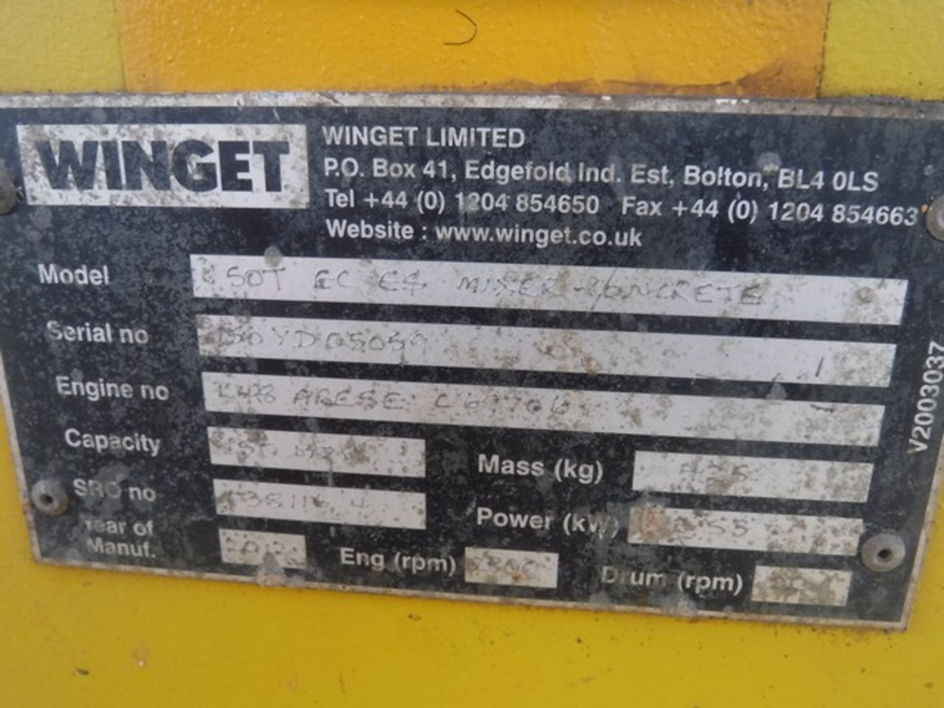 WINGET 150T 7/5 KEY START DIESEL CEMENT MIXER 2012 - Image 4 of 4