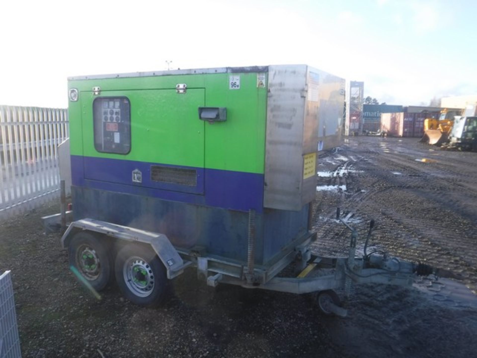 F.G. Wilson 60KVA diesel generator on twin axle trailer 10679 hrs (not verified)ID no. 60-9 S/N FG