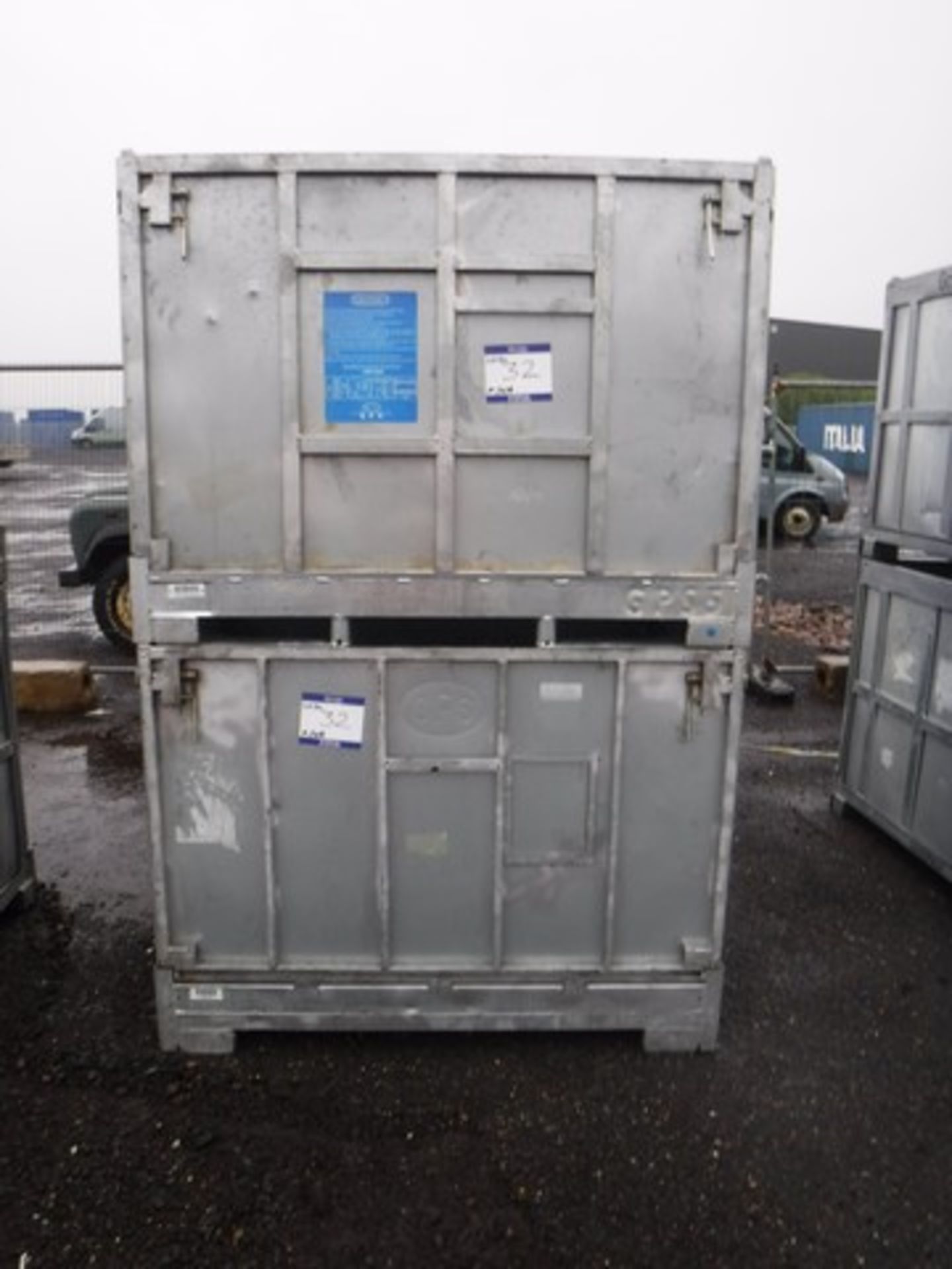 2 x Aluminium storage stillages with locks and drop down sides. Forklift friendly, collapsible sides