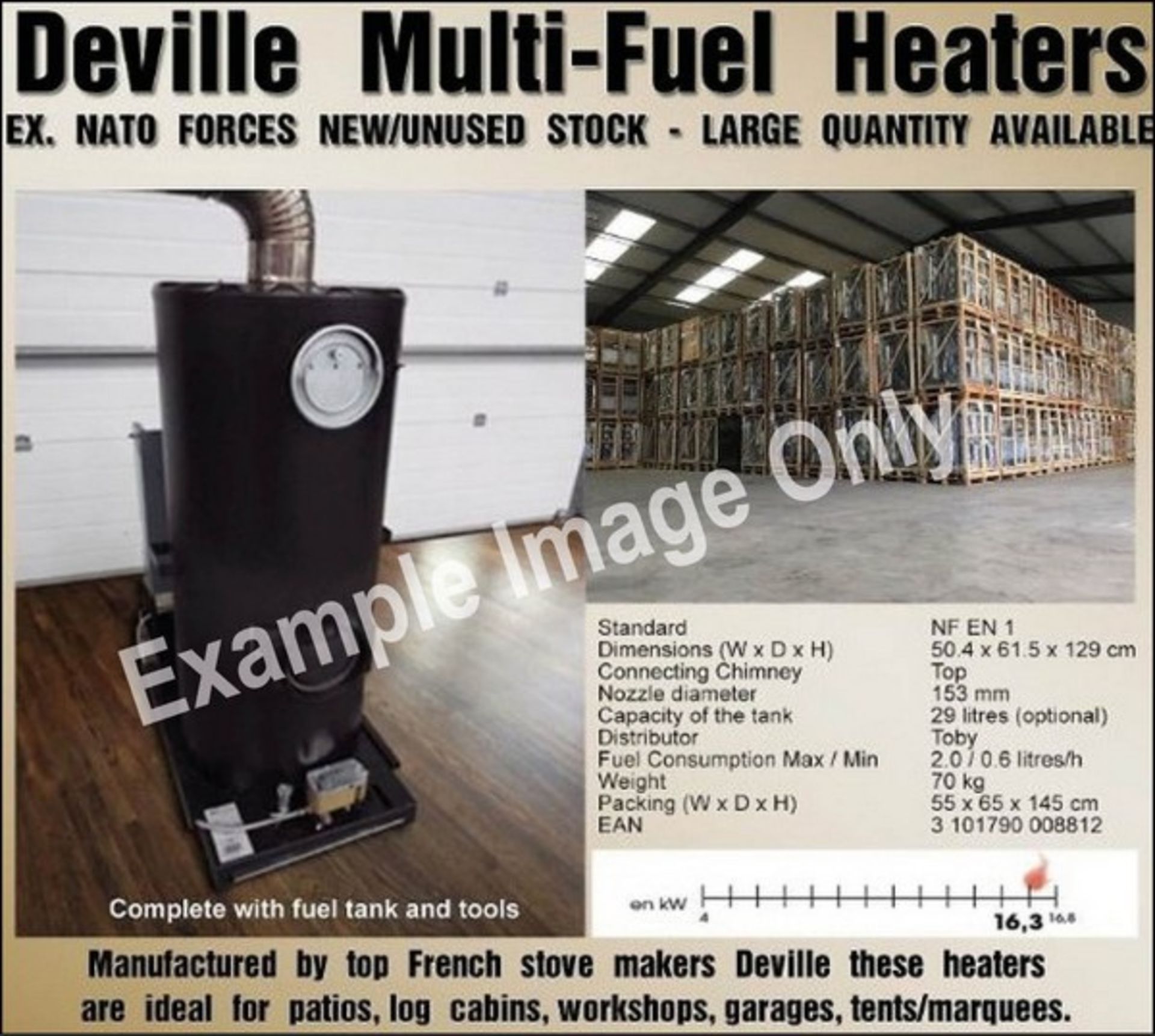 2 x DEVILLE multi-fuel heaters on pallet.. Image example only.