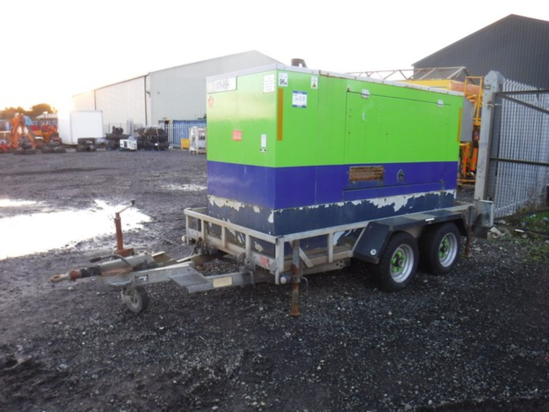 FG WILSON LCH 100 KVA generator on twin axle trailer ID 100.5 S/N FGWPEP04TEOA04104. 15634hrs. Asset