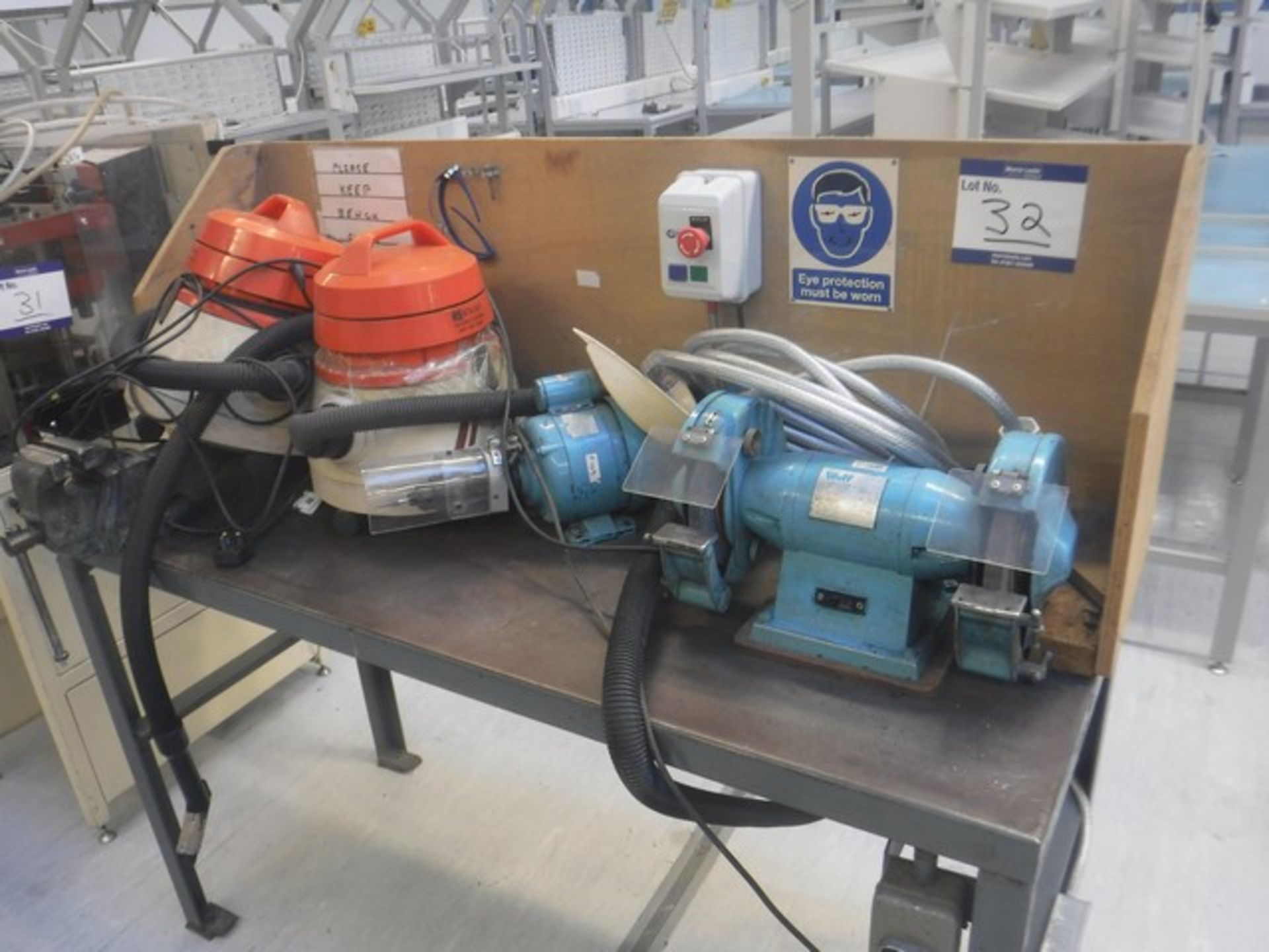 Workbench c/w wolfgrinder, vice, drill and 2 vacuum cleaners - Image 2 of 2