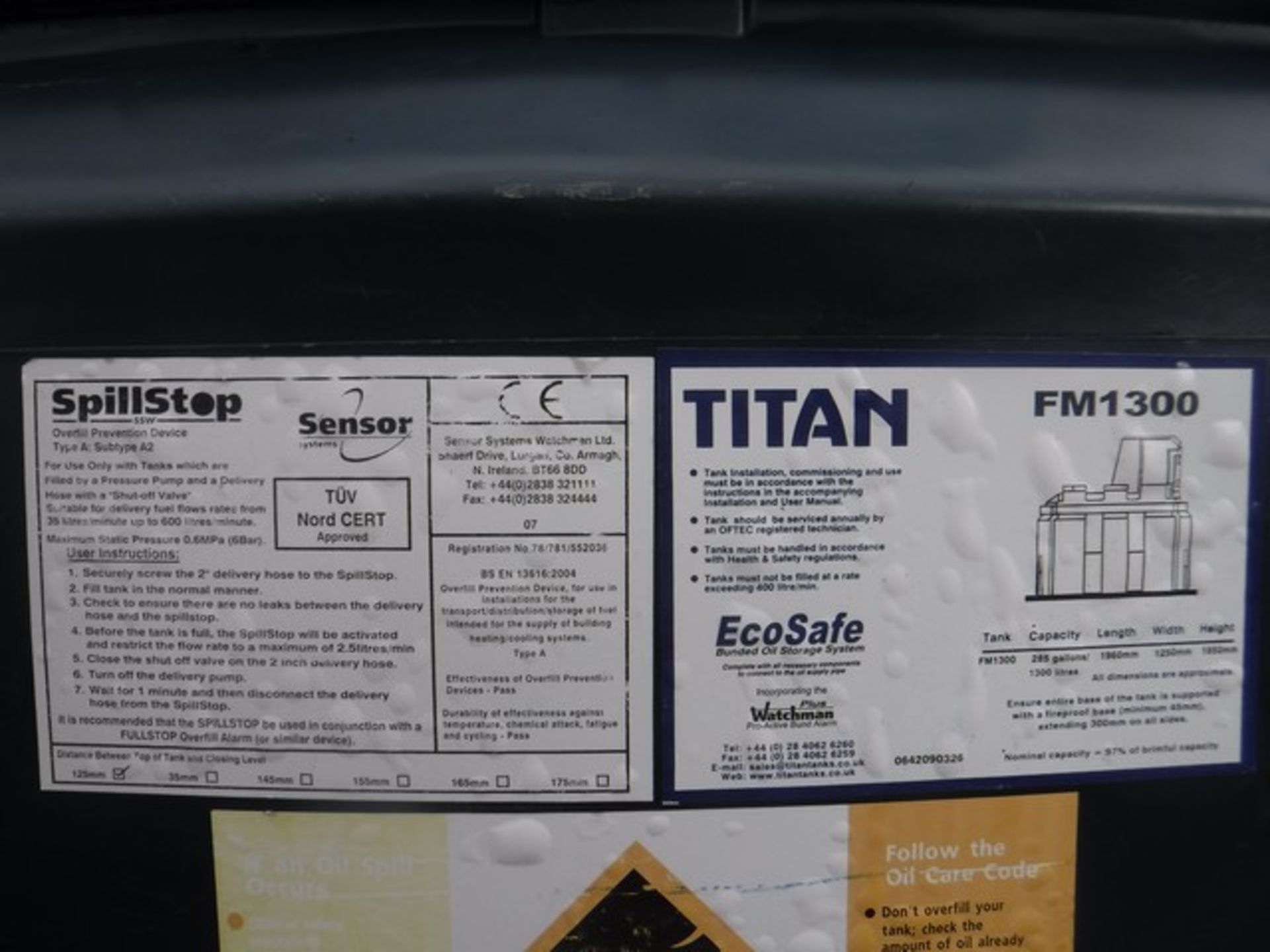 TITAN FM1300 1300litre bunded tank with pup and nozzle - Image 4 of 4