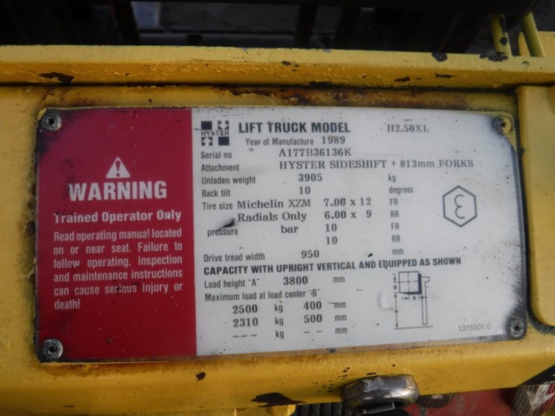 1989 HYSTER H2.50XL 2.5 tone gas forklift c/w side shift. S/NA177B36136K 650hrs (not verified) - Image 10 of 11