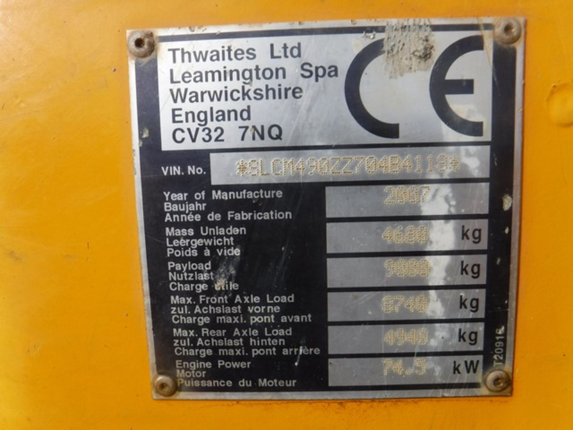 THWAITES 9T dumper. YEAR 2007 3541 hrs (not verified) Documents in office. - Image 7 of 9
