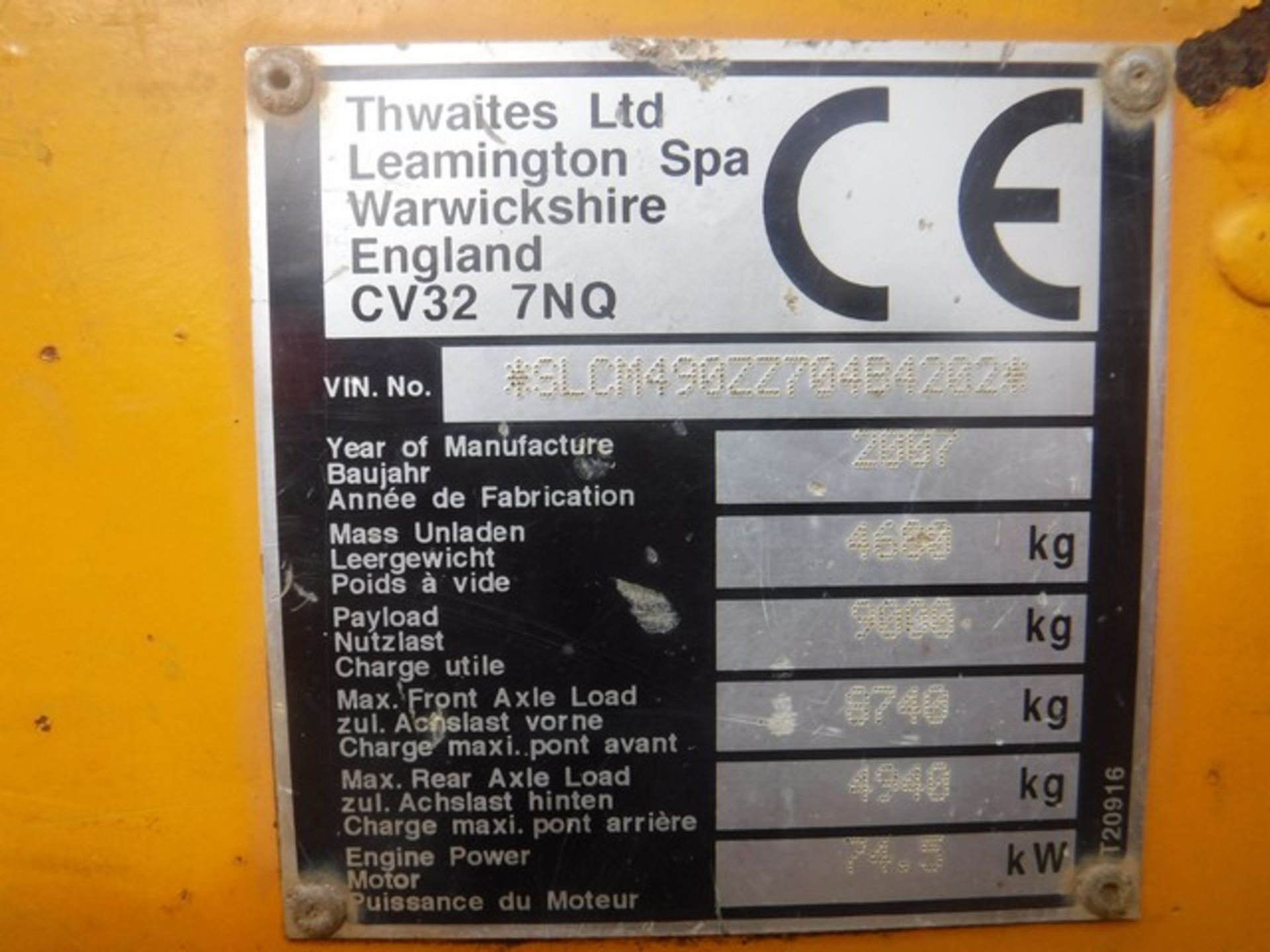 THWAITES 9T dumper. YEAR 2007 3866 hrs (not verified) Documents in office. - Image 8 of 9