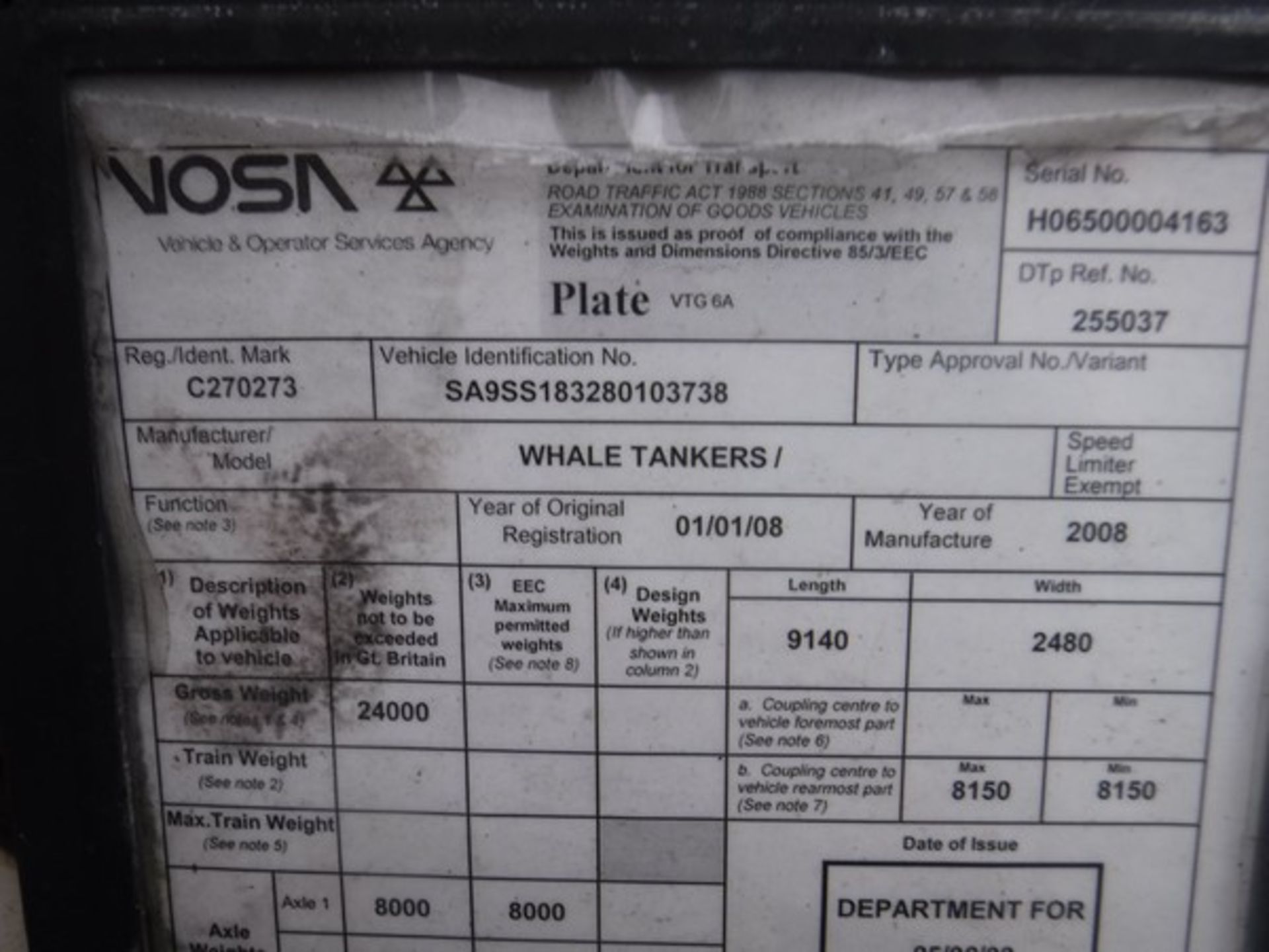 2008 WHALE tanker. 18,000 litre capacity Asset No 2702273. S/N sa 955183280103738 - Image 3 of 5