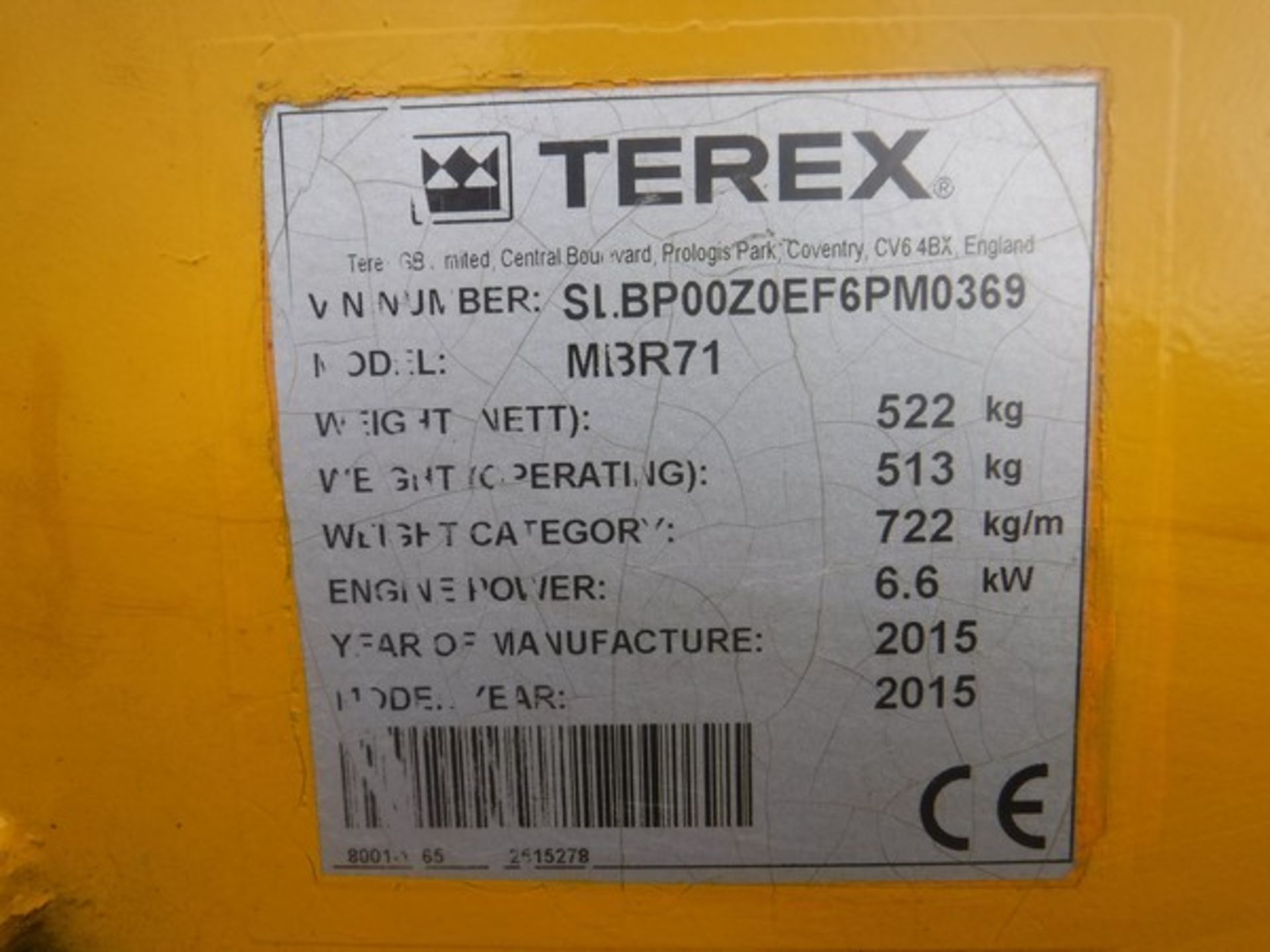 2015 TEREX MBR71 pedestrian roller. 627hrs (not verified) S/N6PM0369 - Image 3 of 4