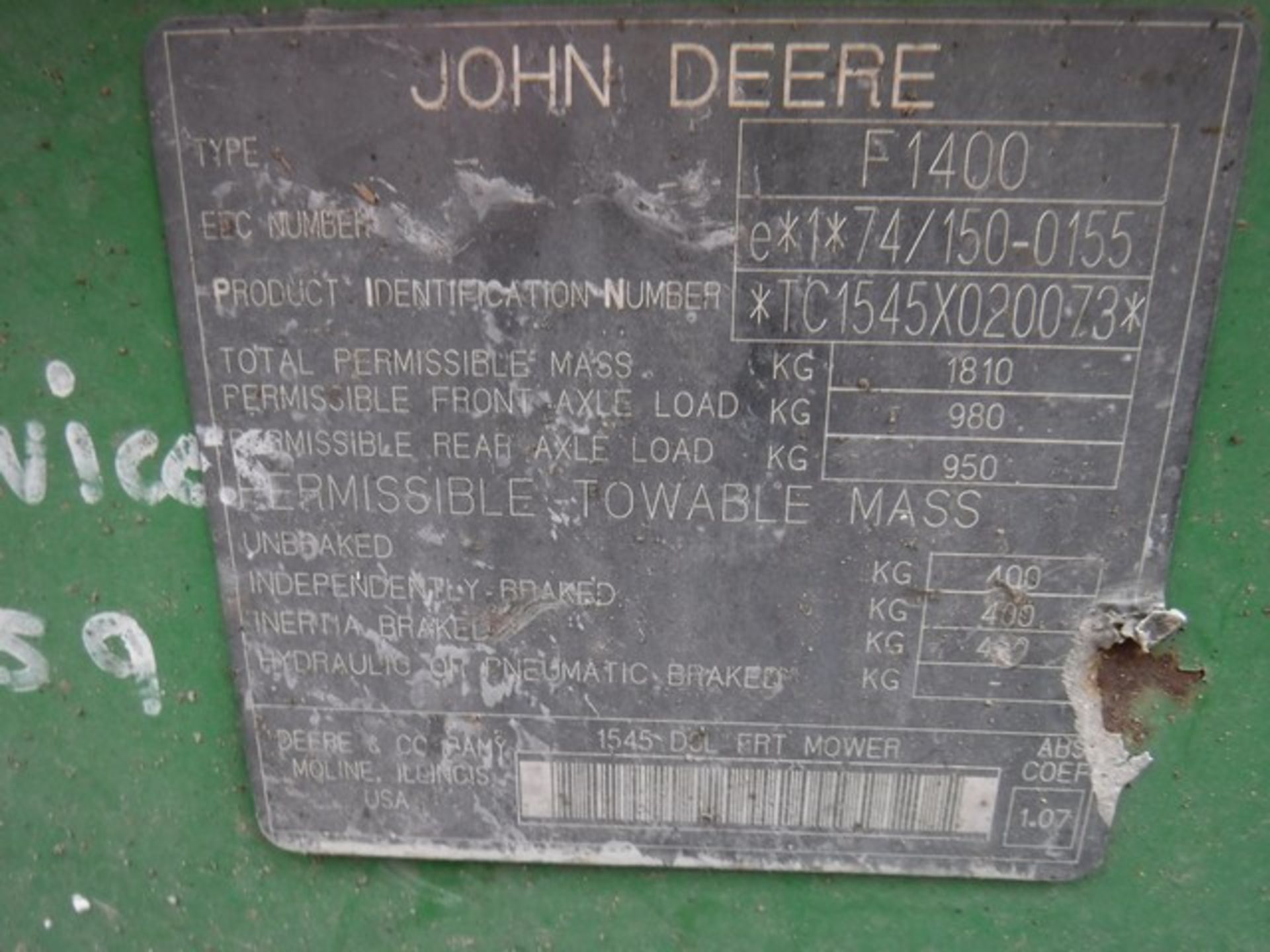 JOHN DEERE 1545 4wd mower. Reg No SP54 DOU Hrs unknown. Documents in office. **NON-RUNNER, - Bild 5 aus 5