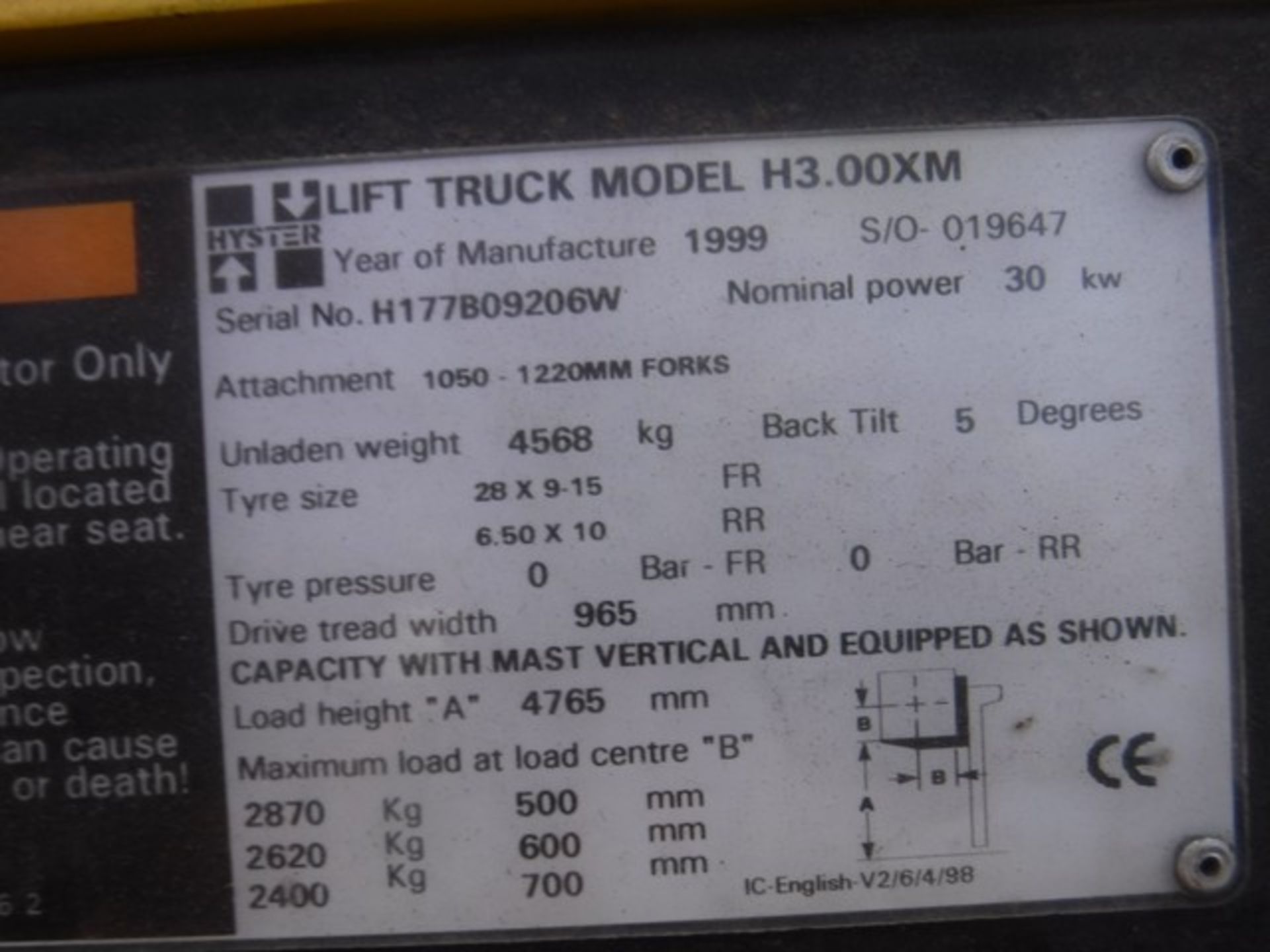 1999 HYSTER H3.00 LPG forklift 4451 hrs (not verified) SN - H177B09206W Asset - 727-9313 - Image 9 of 10