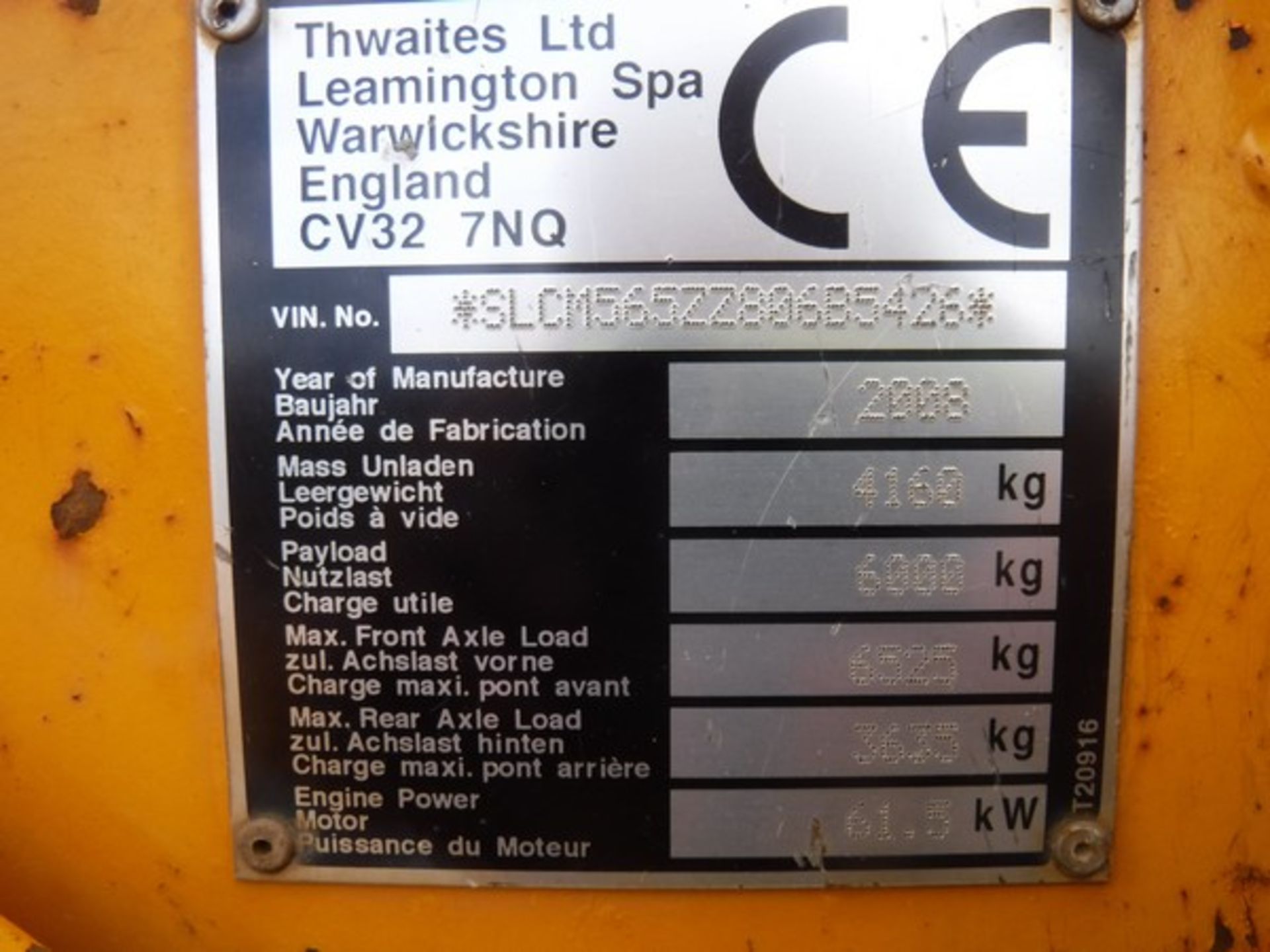 2008 THWAITES 6 TON FORWARD TIP SITE DUMPER. 3219hrs - Image 6 of 7