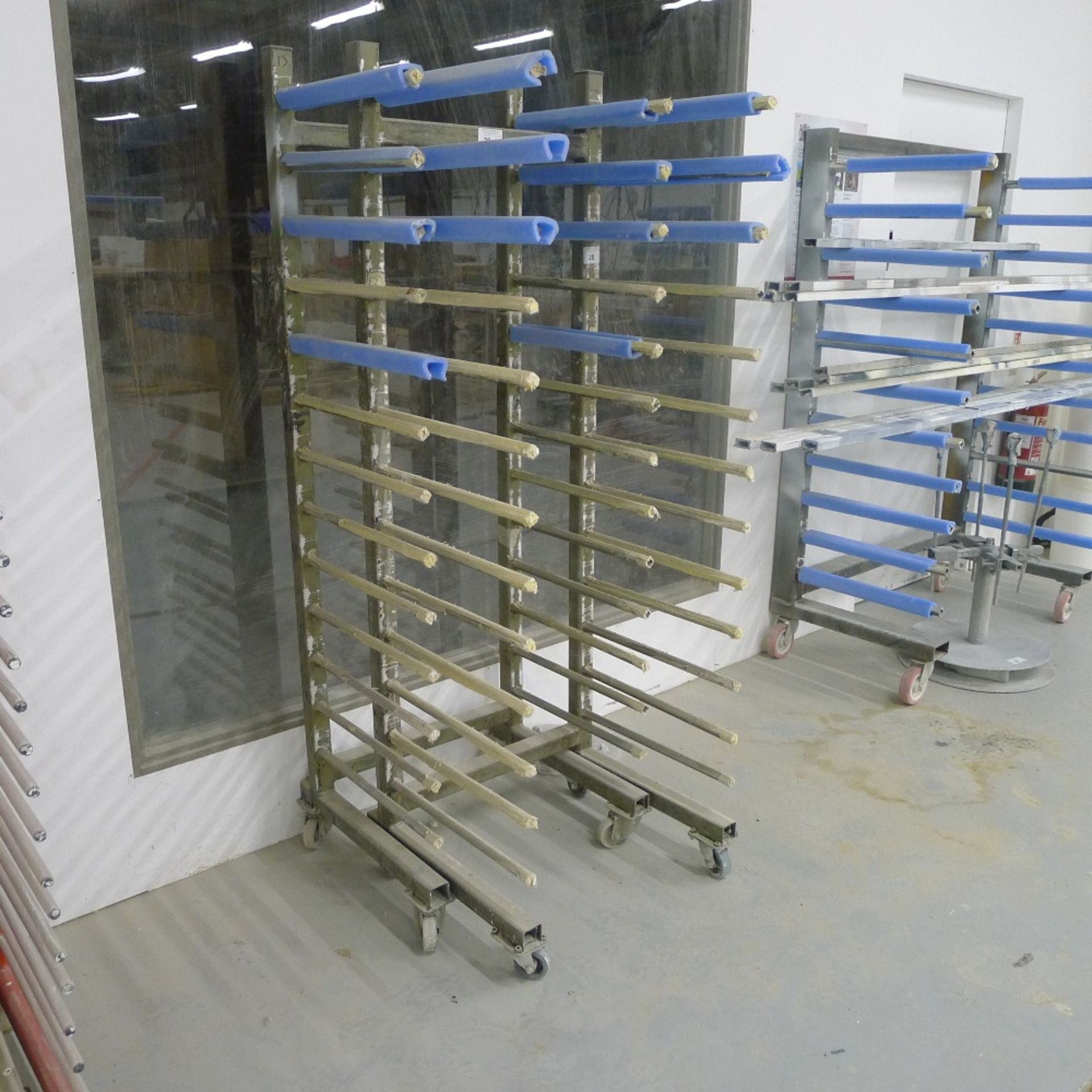 2 medium green metal wheeled paint spraying racks - Image 2 of 2