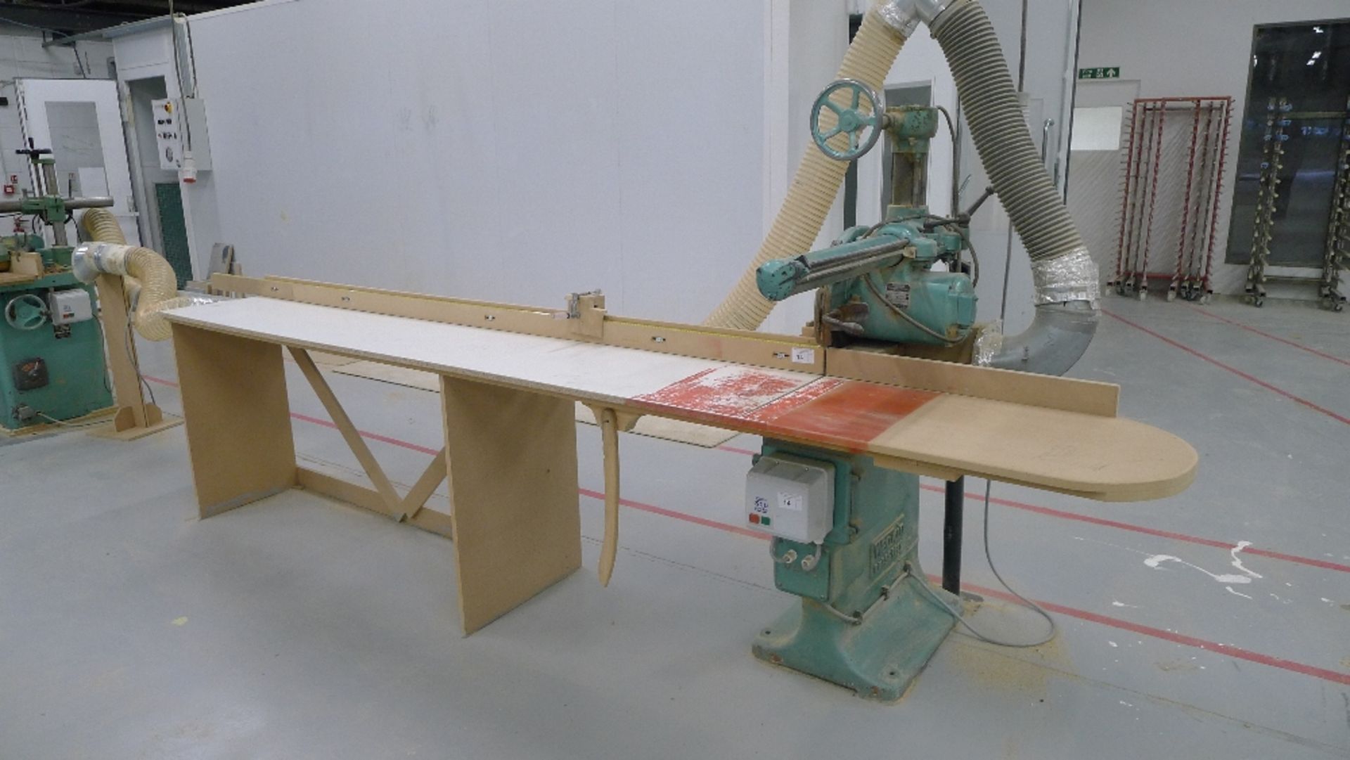 1 radial arm cross cut saw by Wadkin Bursgreen type BCK, s/n 57226, 3ph. The support table fitted to