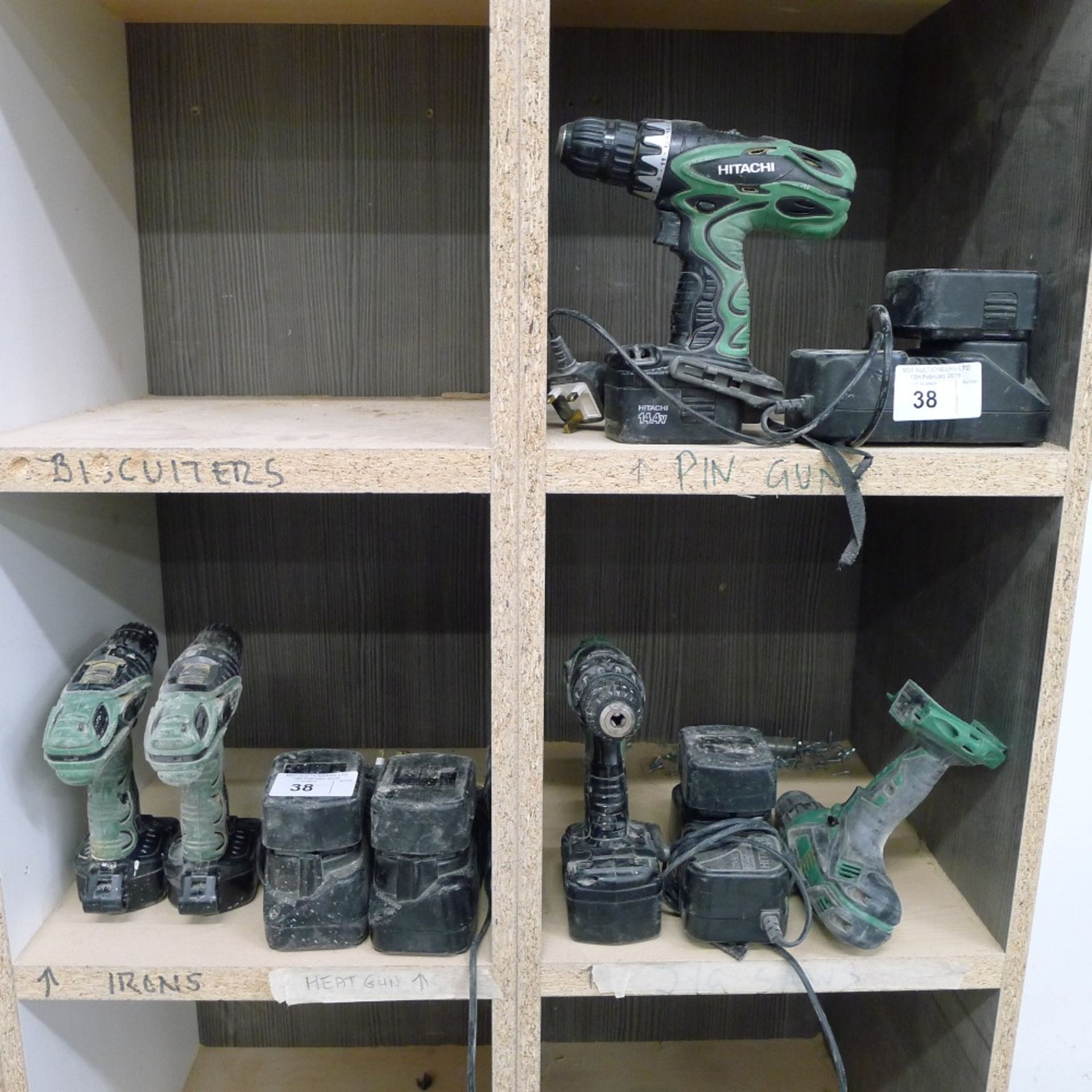 5 various Hitachi cordless drills with 6 batteries and 4 chargers