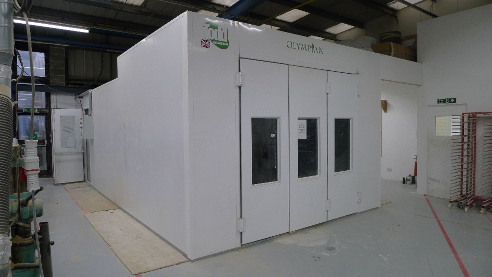 1 heated spray booth by Todd Engineering type Olympian 1000 series, approx 24 ft x 12 ft with tri-