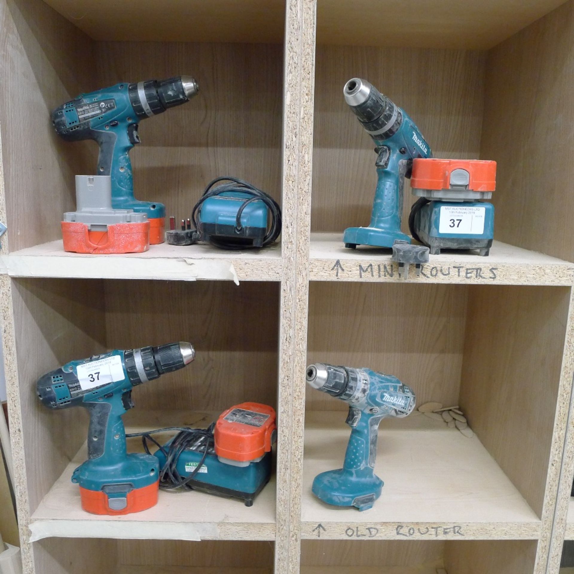 4 various Makita cordless drills with 5 batteries and 3 chargers