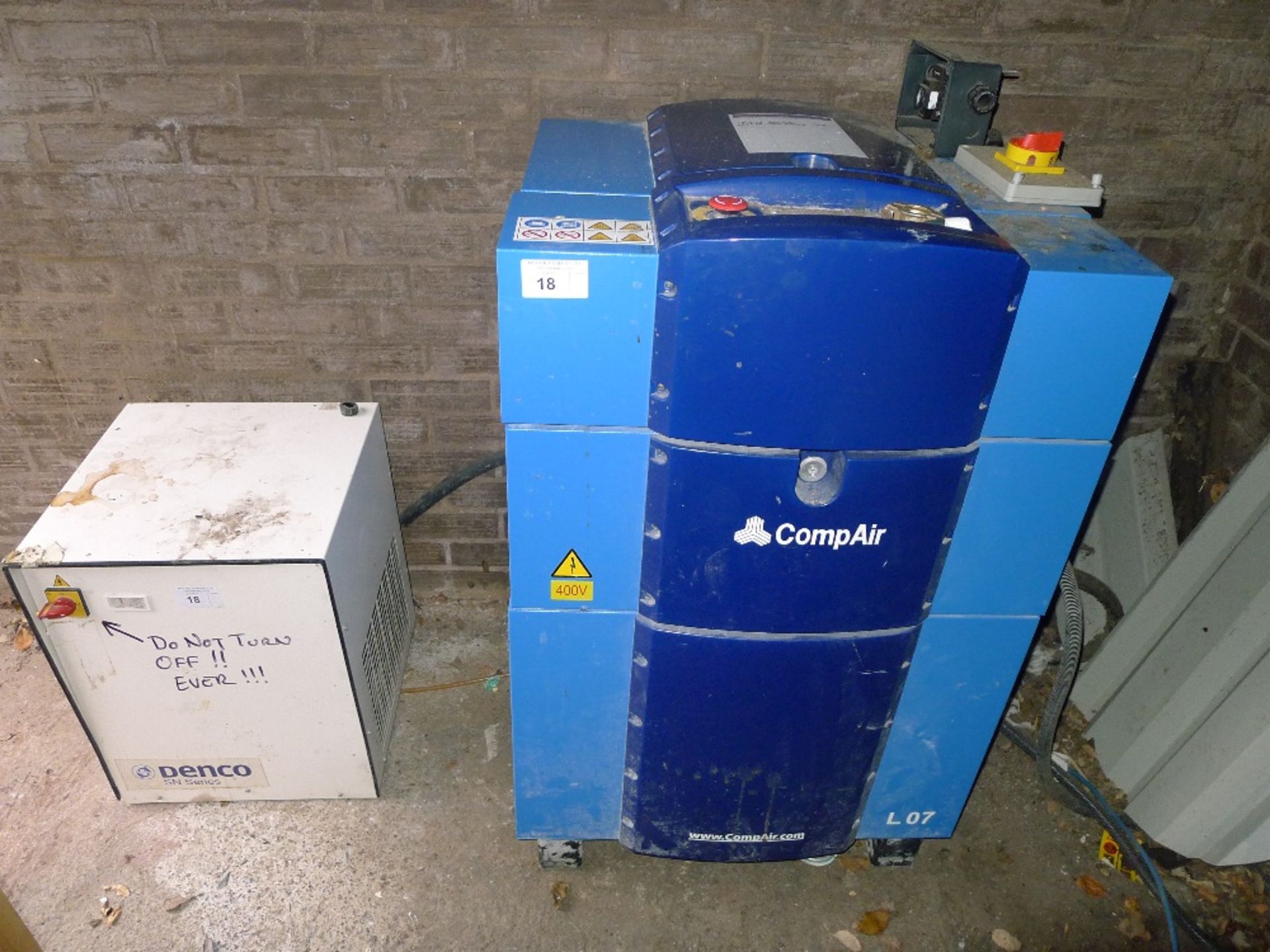 1 compressor by Compair type L07-7.5A, YOM 2013, 3ph and 1 air dryer by Denco type SN0.9N, 240v.