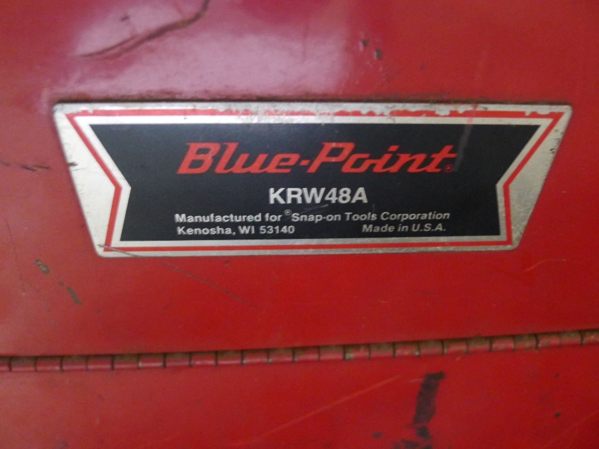 1 small red metal folding top tool box by Blue Point type KRW48A, 1 battery display rack and a small - Image 4 of 4