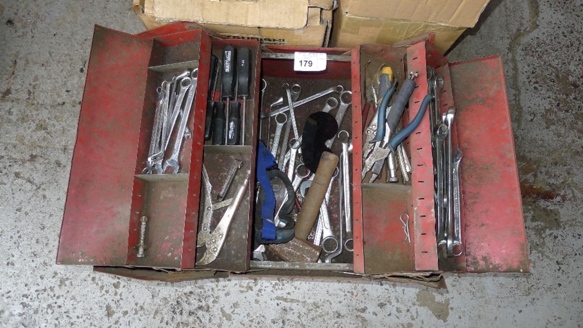 1 small red metal folding top tool box by Blue Point type KRW48A, 1 battery display rack and a small - Image 3 of 4