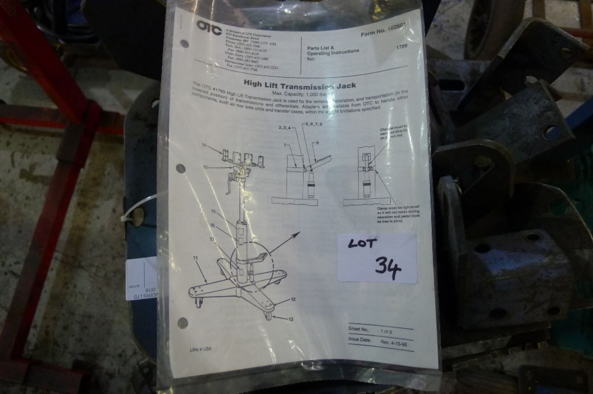 1 high lift transmission jack by OTC, capacity approx 1000lbs with Land Rover adapter plate - Image 3 of 3