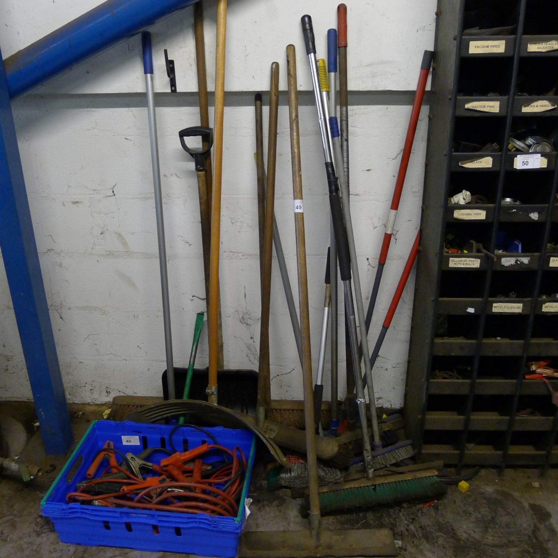 A quantity of various items including brushes, jump leads etc (plastic crate is not included)