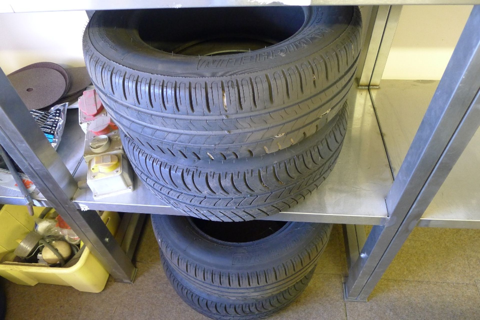 A quantity of various items including a blue bin, 4 Michelin 205/60 R15 tyres, a length of hose - Image 6 of 7