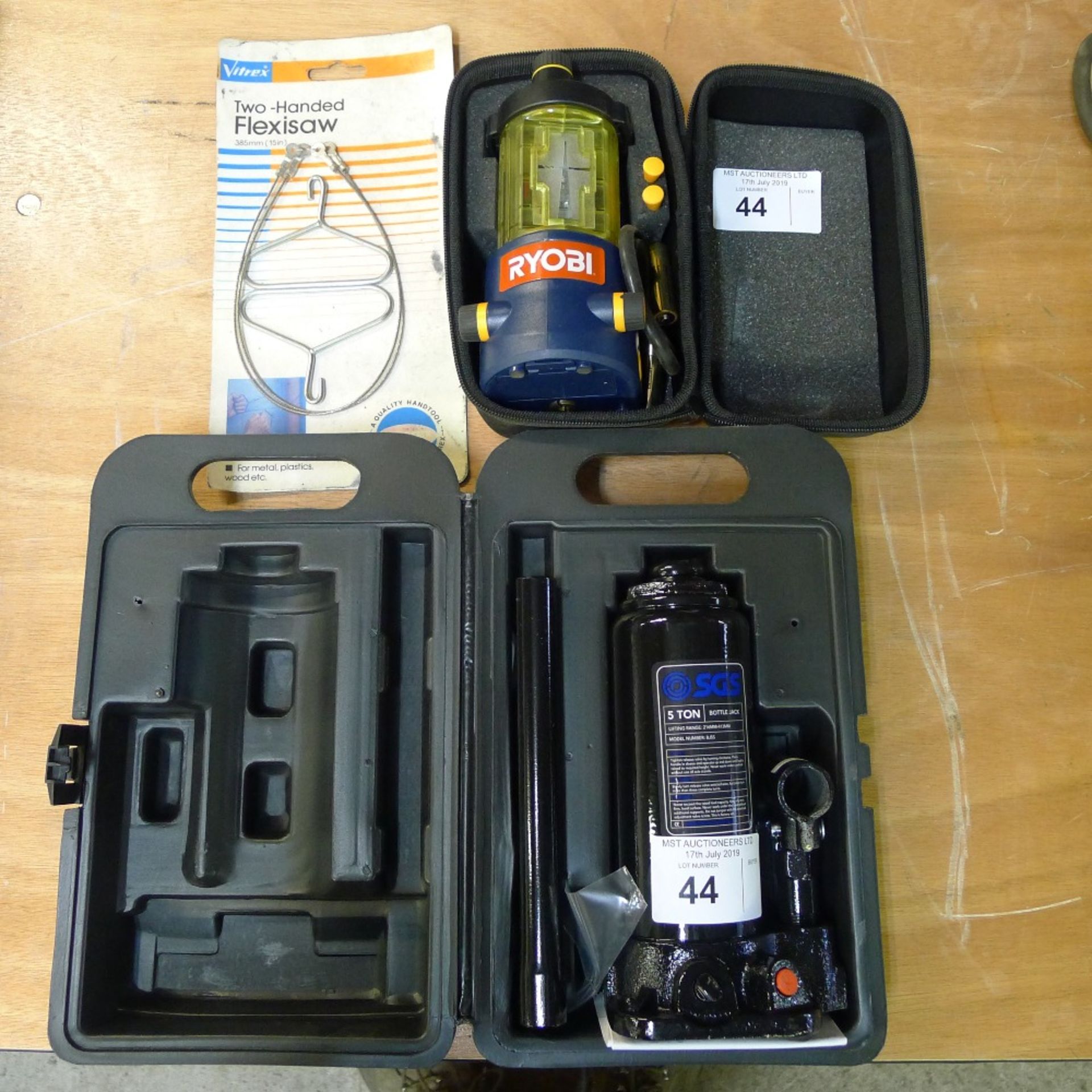 1 SGS 5 ton bottle jack, 1 Ryobi Air Grip laser level and 1 Vitrex two handed flexi saw