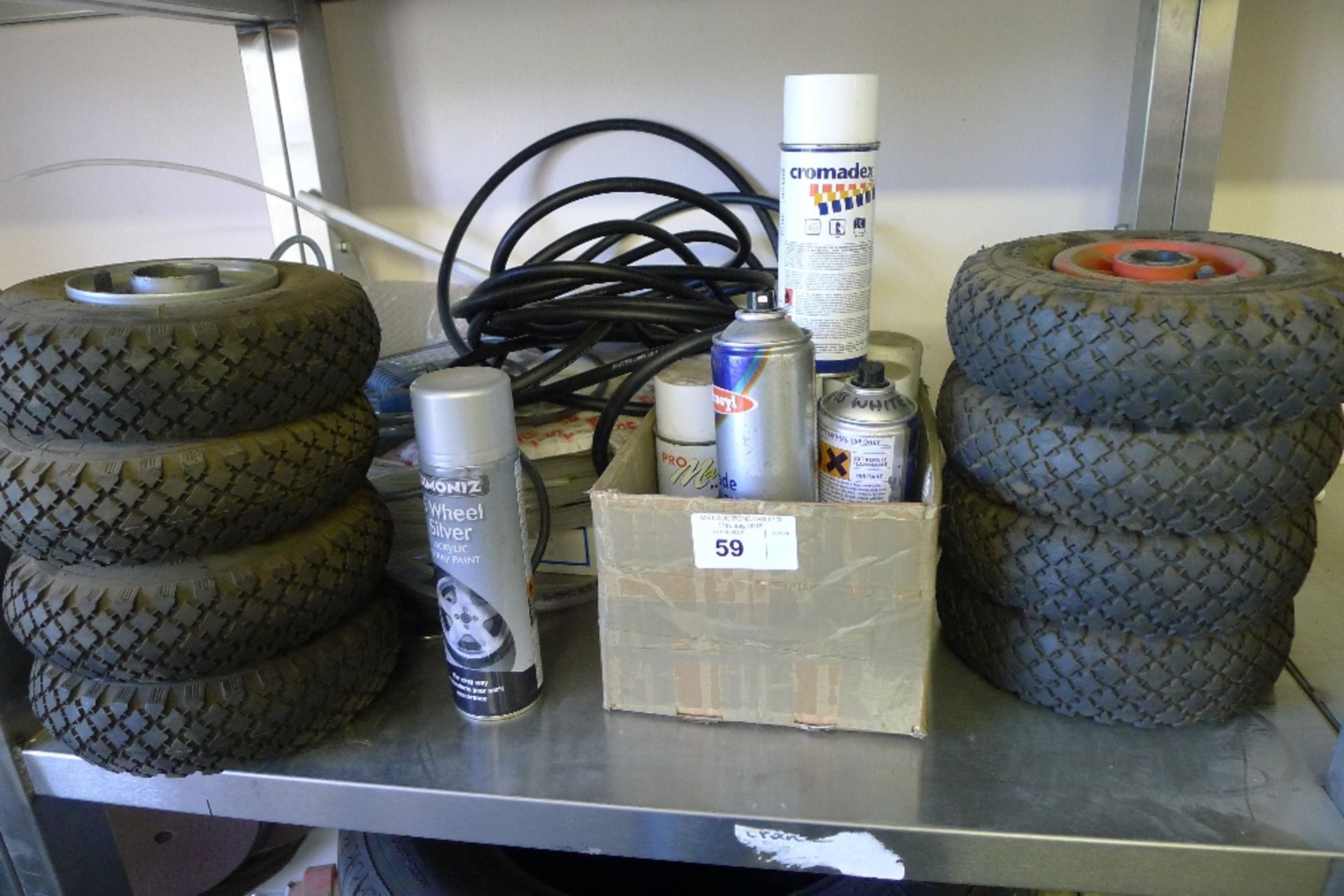 A quantity of various items including a blue bin, 4 Michelin 205/60 R15 tyres, a length of hose - Image 5 of 7