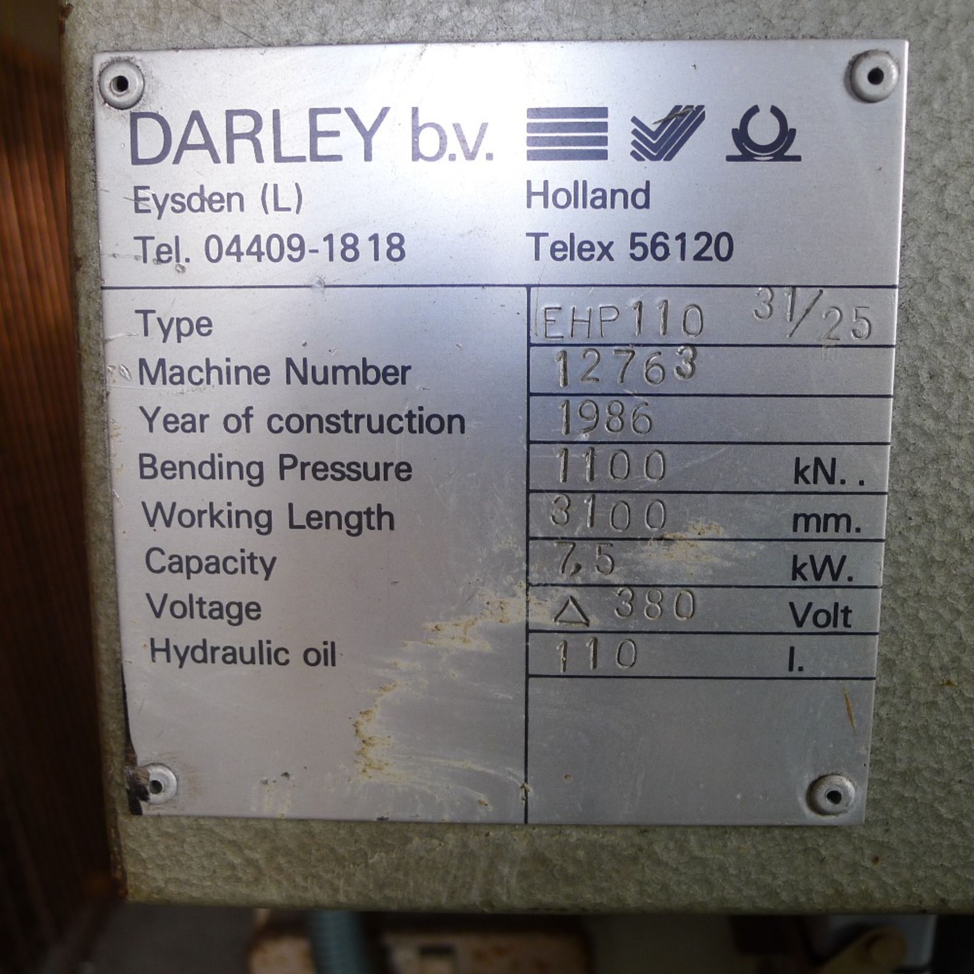 1 Darley press brake model EHP110 31/25, machine number 12763, YOM 1986, bending pressure 1100kN, - Image 5 of 10