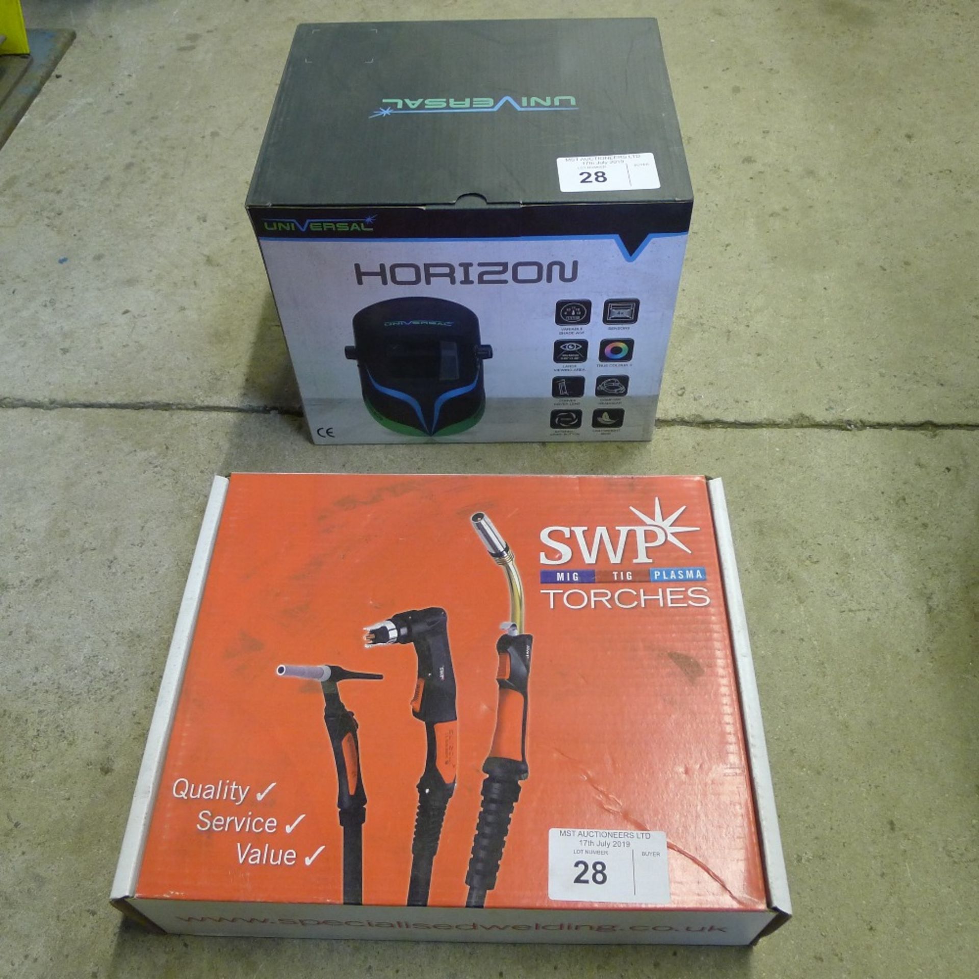 1 welding torch by SWP and 1 welding mask by Universal type Horizon