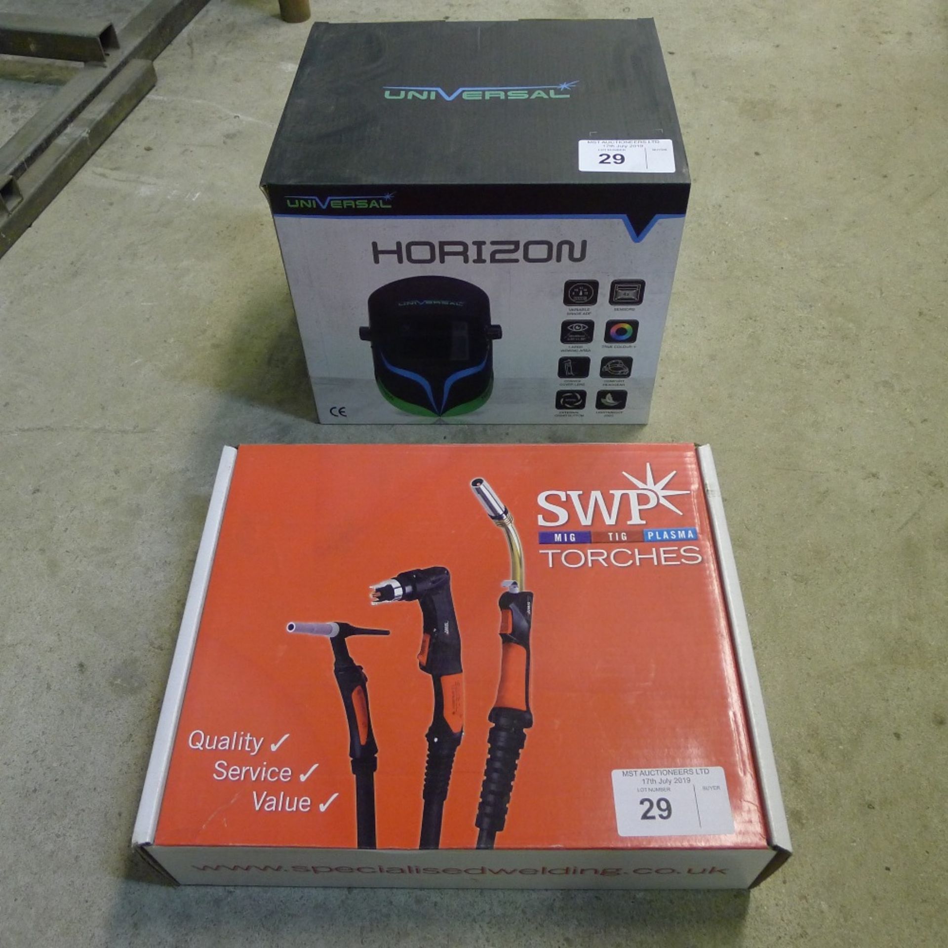 1 welding torch by SWP and 1 welding mask by Universal type Horizon