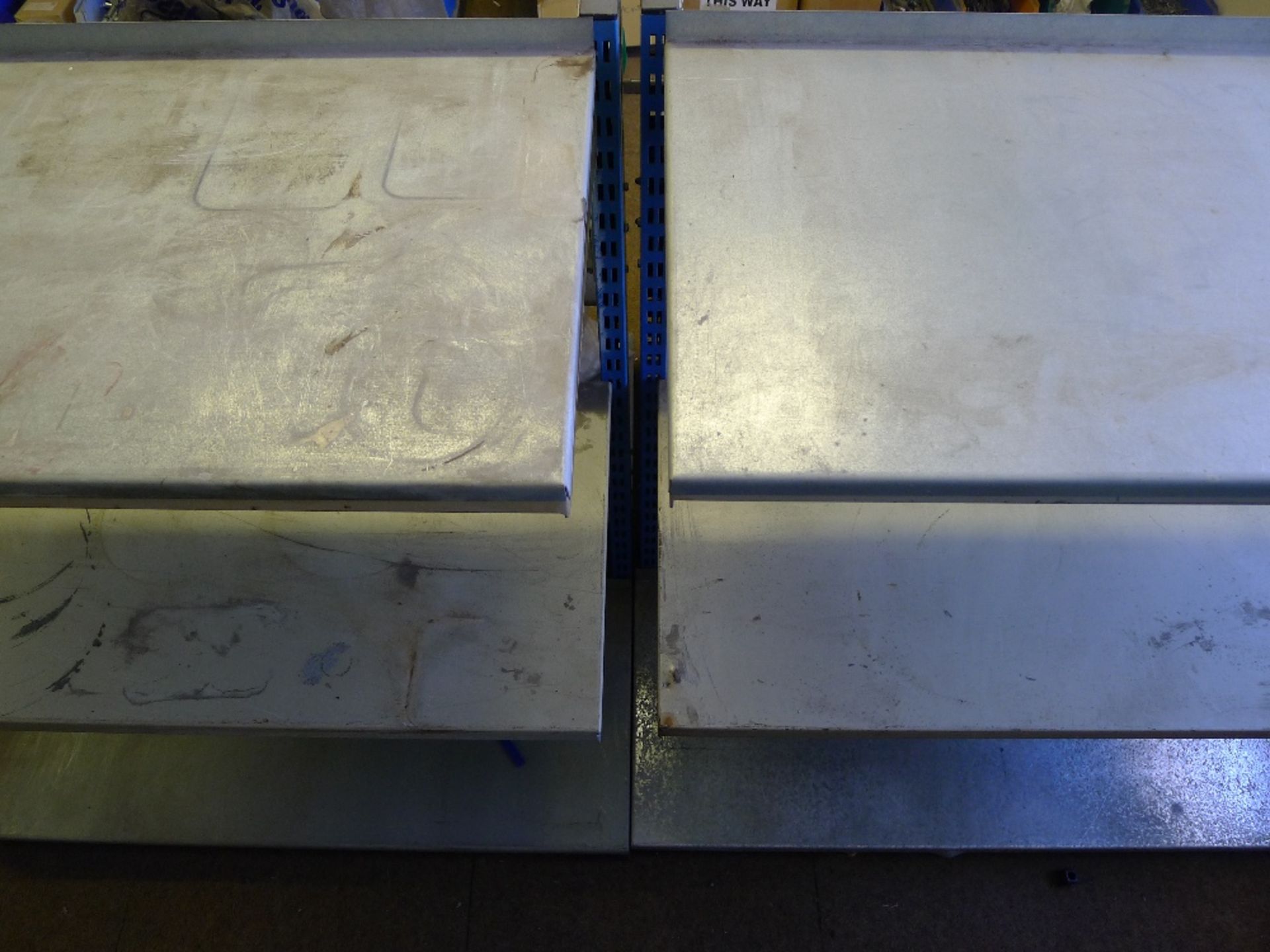 2 grey / blue metal double sided shelf units - Image 3 of 3
