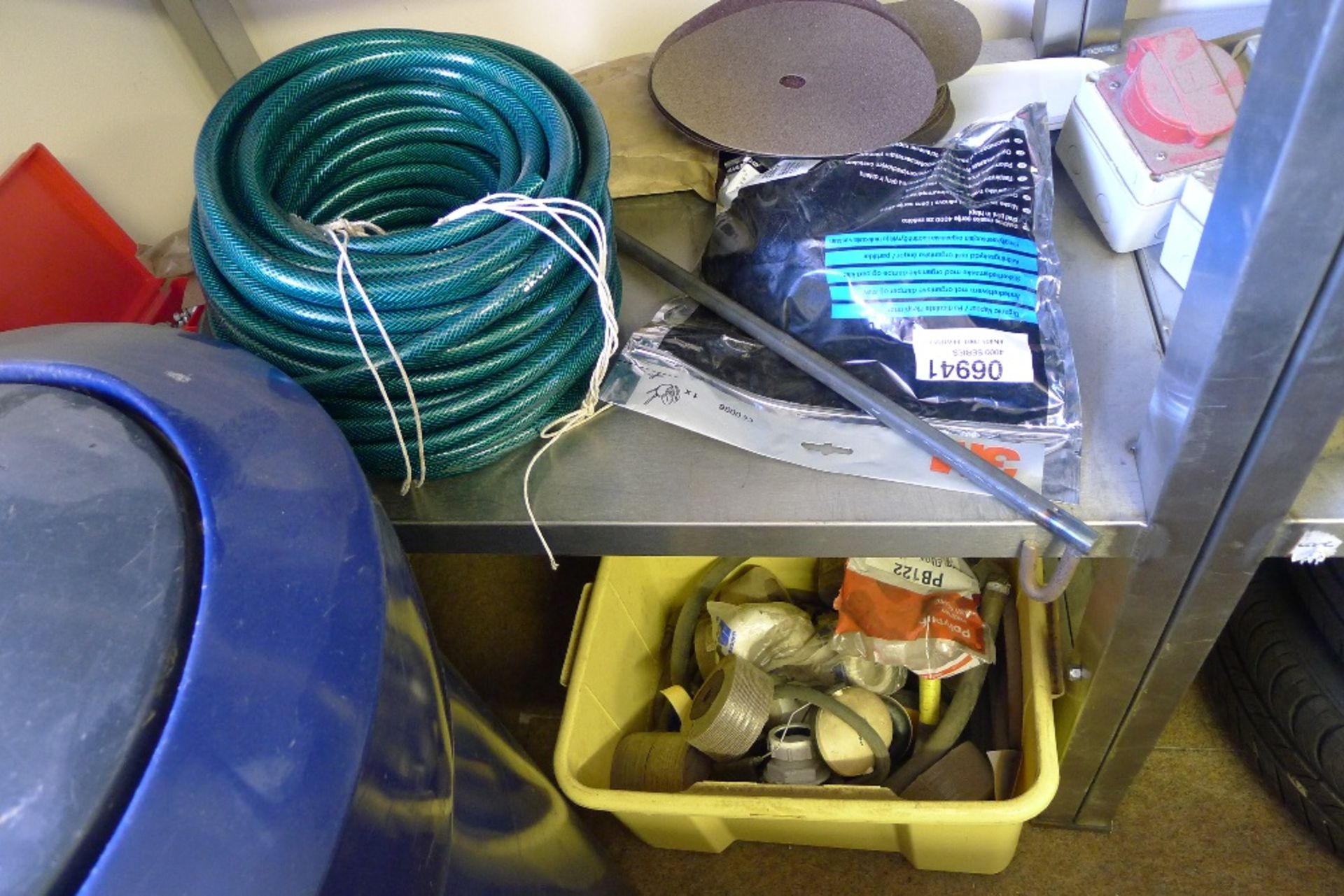 A quantity of various items including a blue bin, 4 Michelin 205/60 R15 tyres, a length of hose - Image 4 of 7