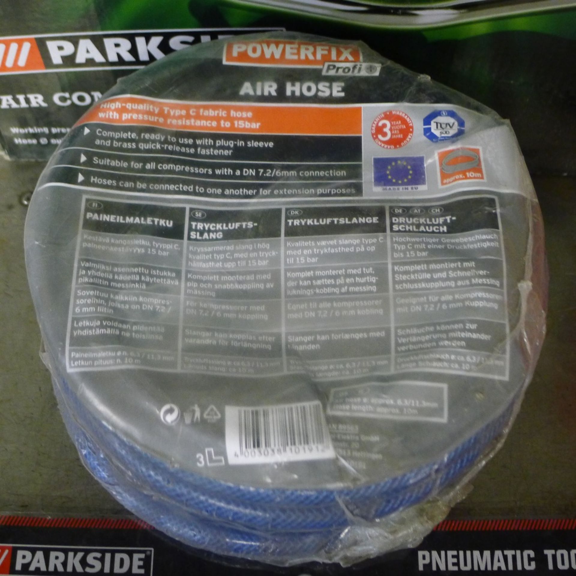 1 Parkside 20m air hose reel, 1 incomplete Parkside air tool set, 1 length of Powerfix air hose - Image 3 of 5