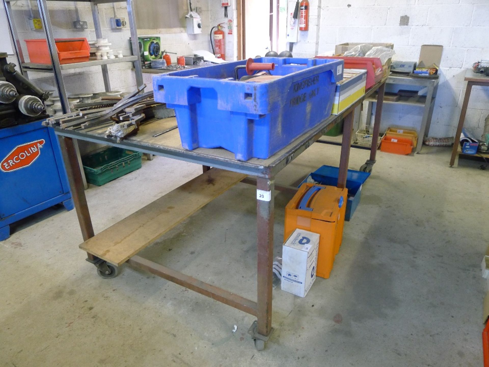 1 metal topped fabrication bench on wheels approx 2.5m x 1.25m - Image 2 of 3