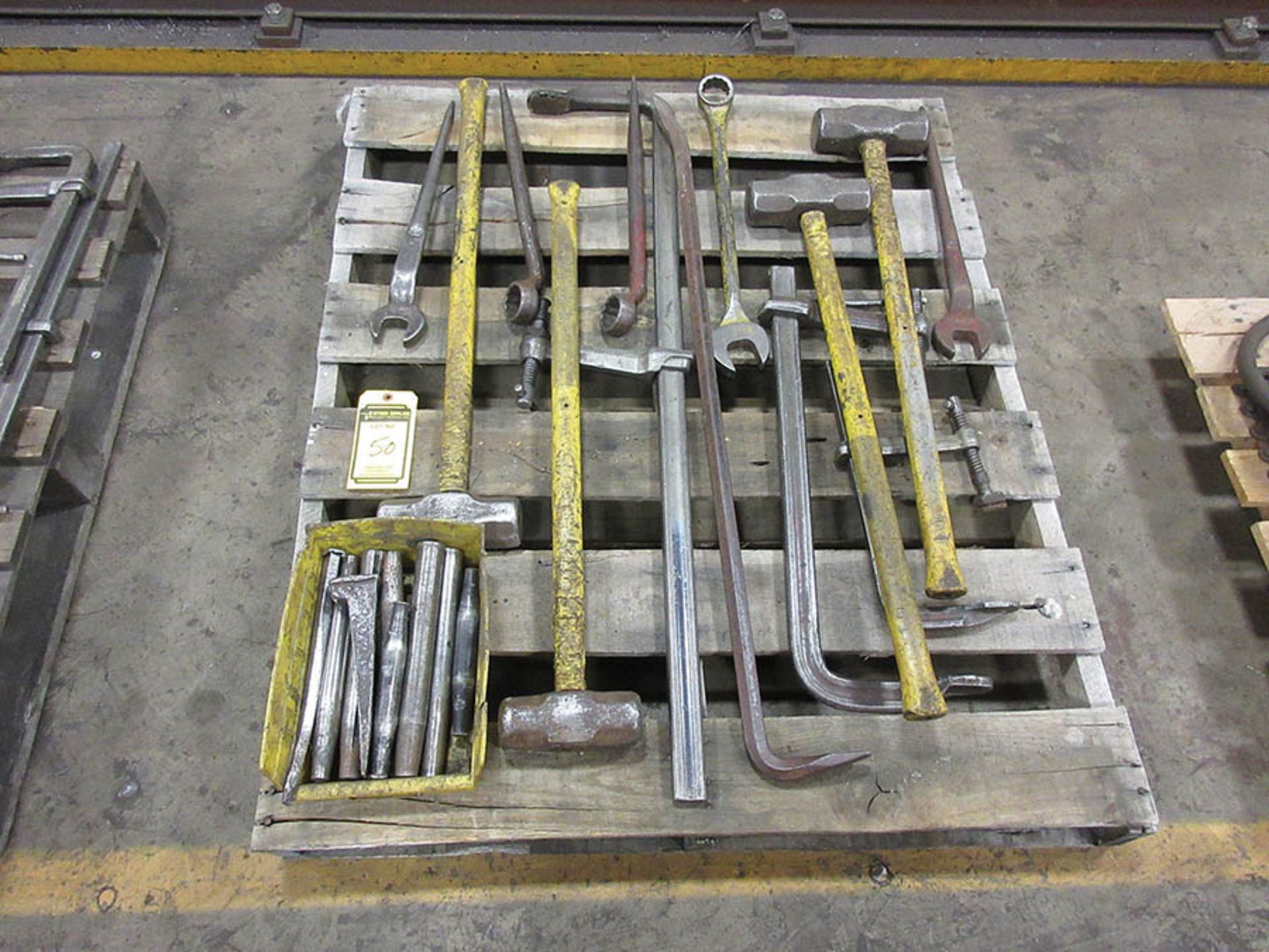 PALLET WITH MISC. SLEDGEHAMMERS, WRENCHES, CROWBAR & CHISELS