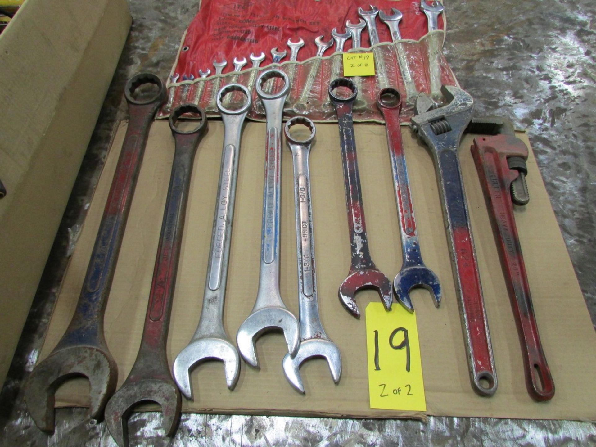 Qty. of box end wrenches (3/8'' to 2 1/4''), with large adjustable wrench and pipe wrench