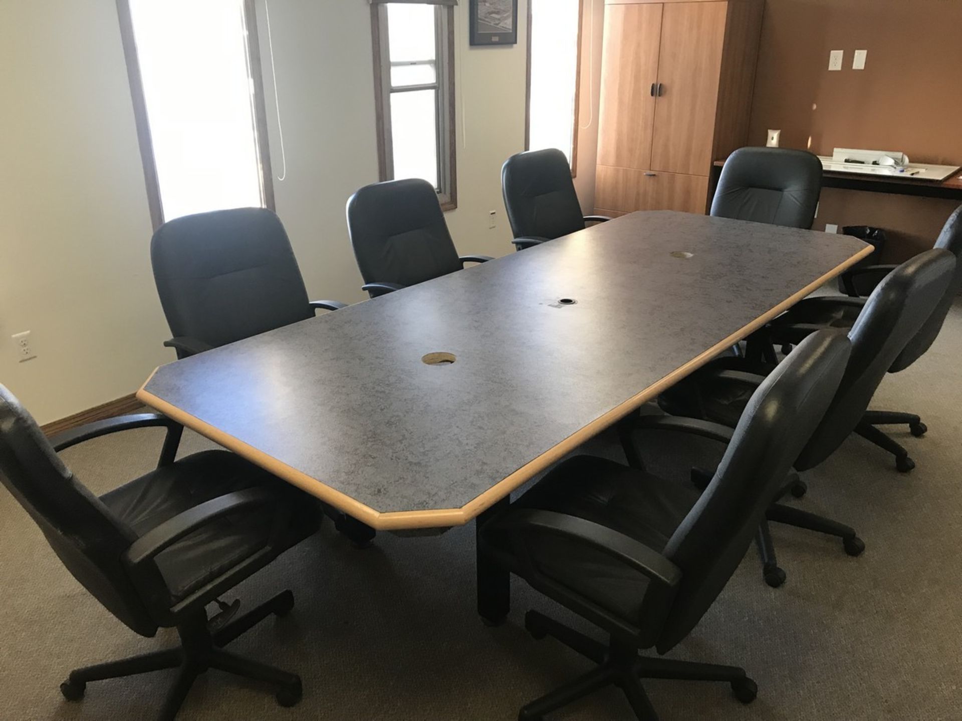 Boardroom table 4' x 10' w/ 8 swivel office chairs, side table, wood cabinet, and easel - Image 2 of 7