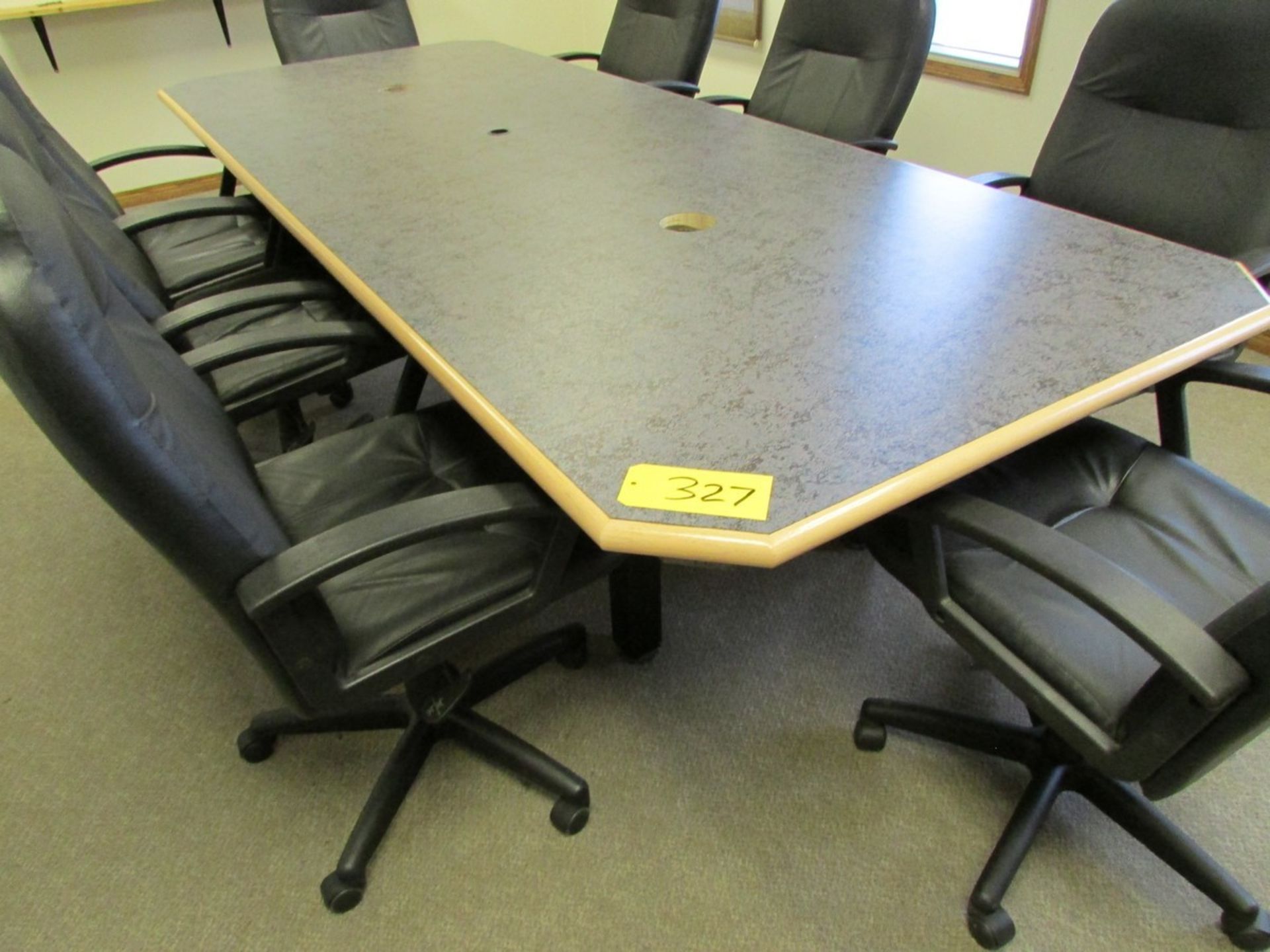 Boardroom table 4' x 10' w/ 8 swivel office chairs, side table, wood cabinet, and easel