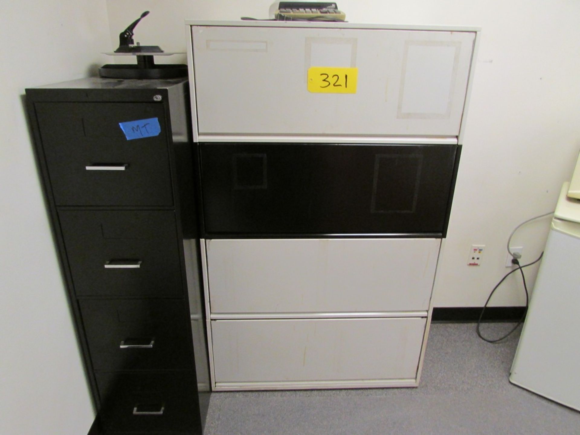 Contents of cubicle, includes 2 filing cabinets, small fridge, microwave, OKI printer, paper