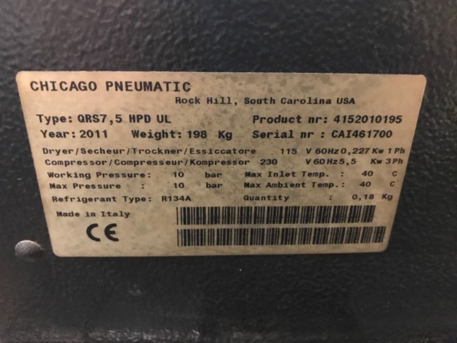 2011 Chicago Pnuematic QRS7, 5 HPD UL screw compressor, s/n CAI461700 - Image 2 of 2