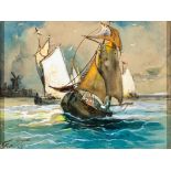 Frank. Sign. und 1910 dat. Uferstück mit Segelbooten und Windmühle im Hintergrund. Gouache. 13,5 x