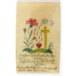 Stickbild mit Blüten, Herz Jesu, Kreuz und Taube. Handschr. Gebet. Um 1800. 13 x 8 cm