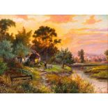 Alois Arnegger. 1879 - Wien - 1963. Sign. Abendliche Landschaft mit Bachlauf, malerischer Kate und