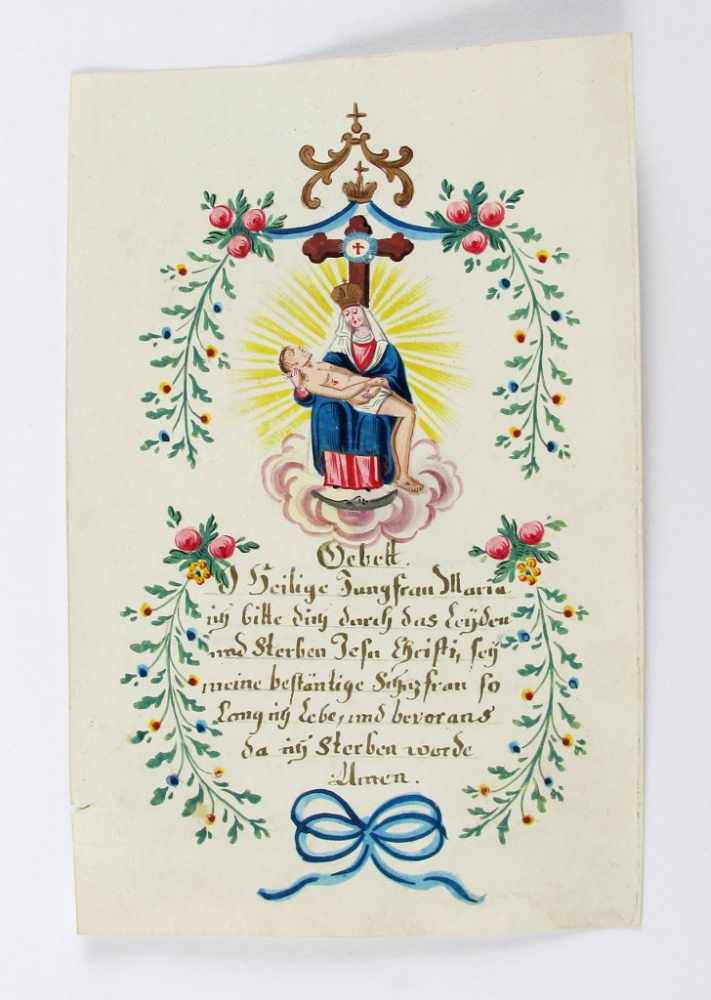 Andachtsbild mit Pietà und Gebet. Polychrome Malerei auf Pergament. Frühes 19. Jh. 13,5 x 8,8 cm