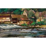 Maler um 1920. Undeutlich sign. Flusslandschaft mit alter Mühle. Öl/Lwd. 32 x 50 cm. R