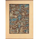 Vier Textilfragmente. Stickbilder mit figuralen Szenen in Landschaft. China, 18./19. Jh. 25 x 16
